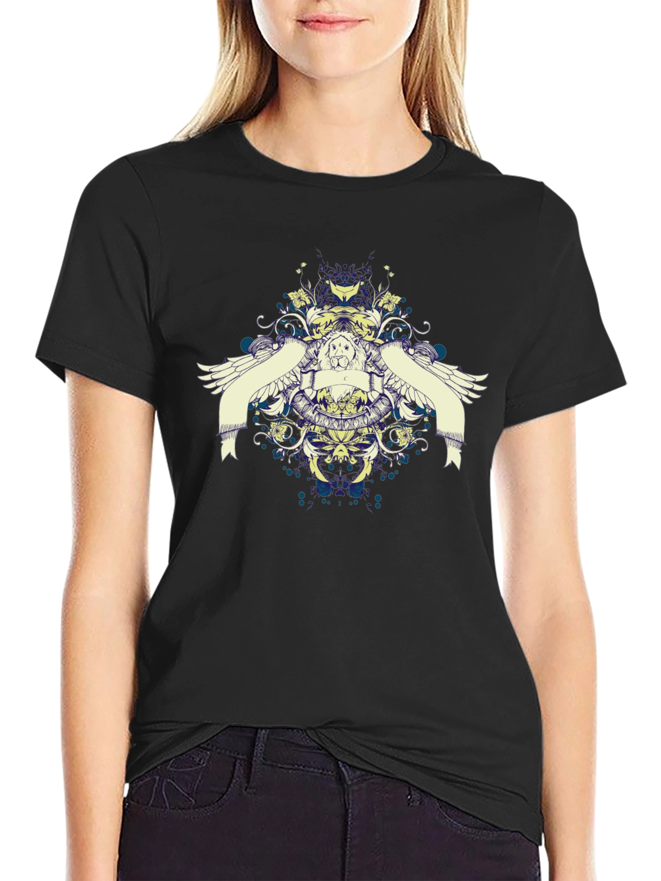 Graphic Print Black T-Shirt with Winged Crest Design