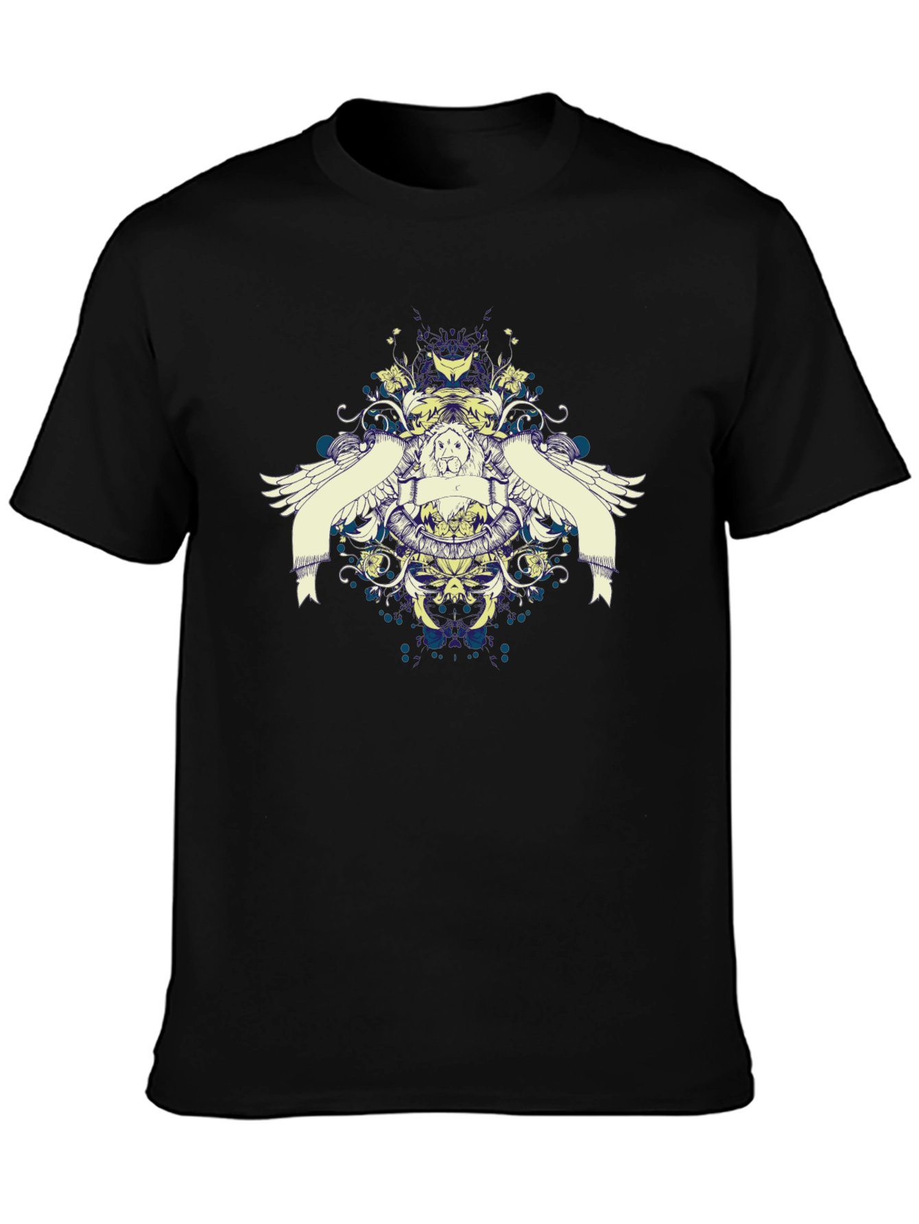Graphic Print Black T-Shirt with Winged Crest Design