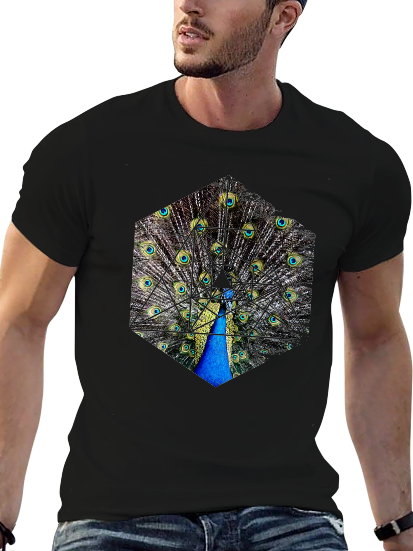 Peacock Feather Hexagon Graphic T-Shirt - Unique Design