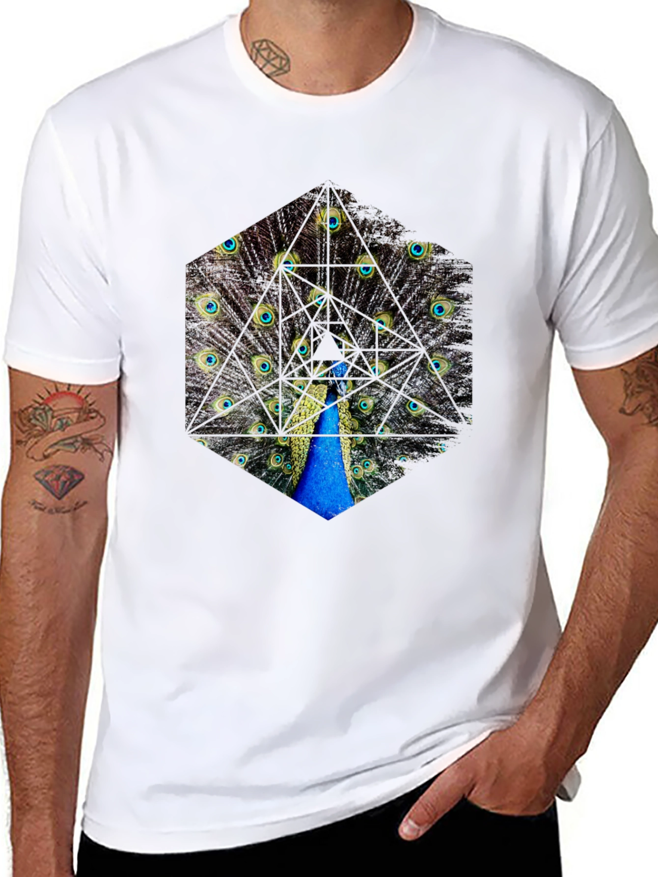 Peacock Feather Hexagon Graphic T-Shirt - Unique Design