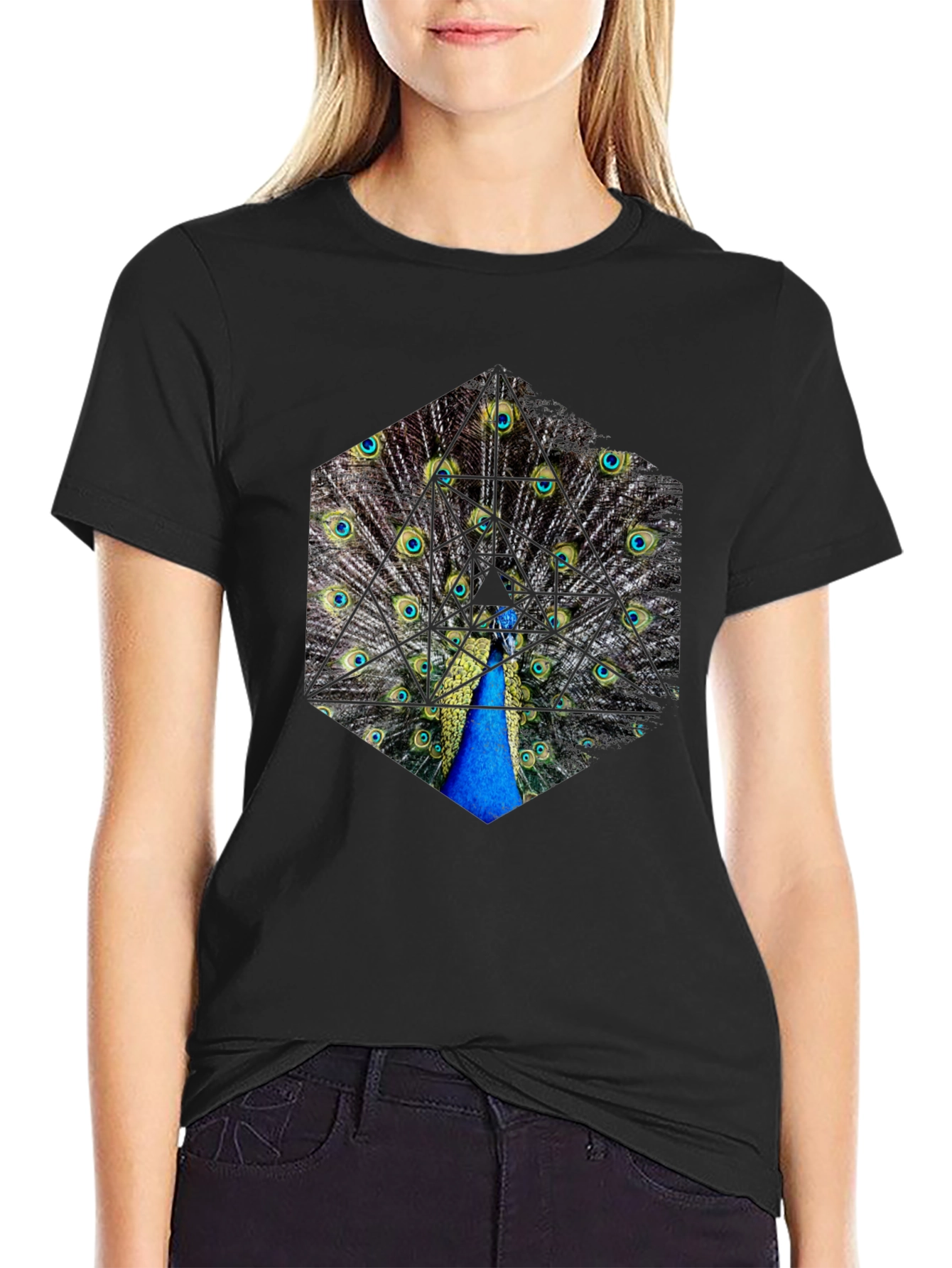 Peacock Feather Hexagon Graphic T-Shirt - Unique Design