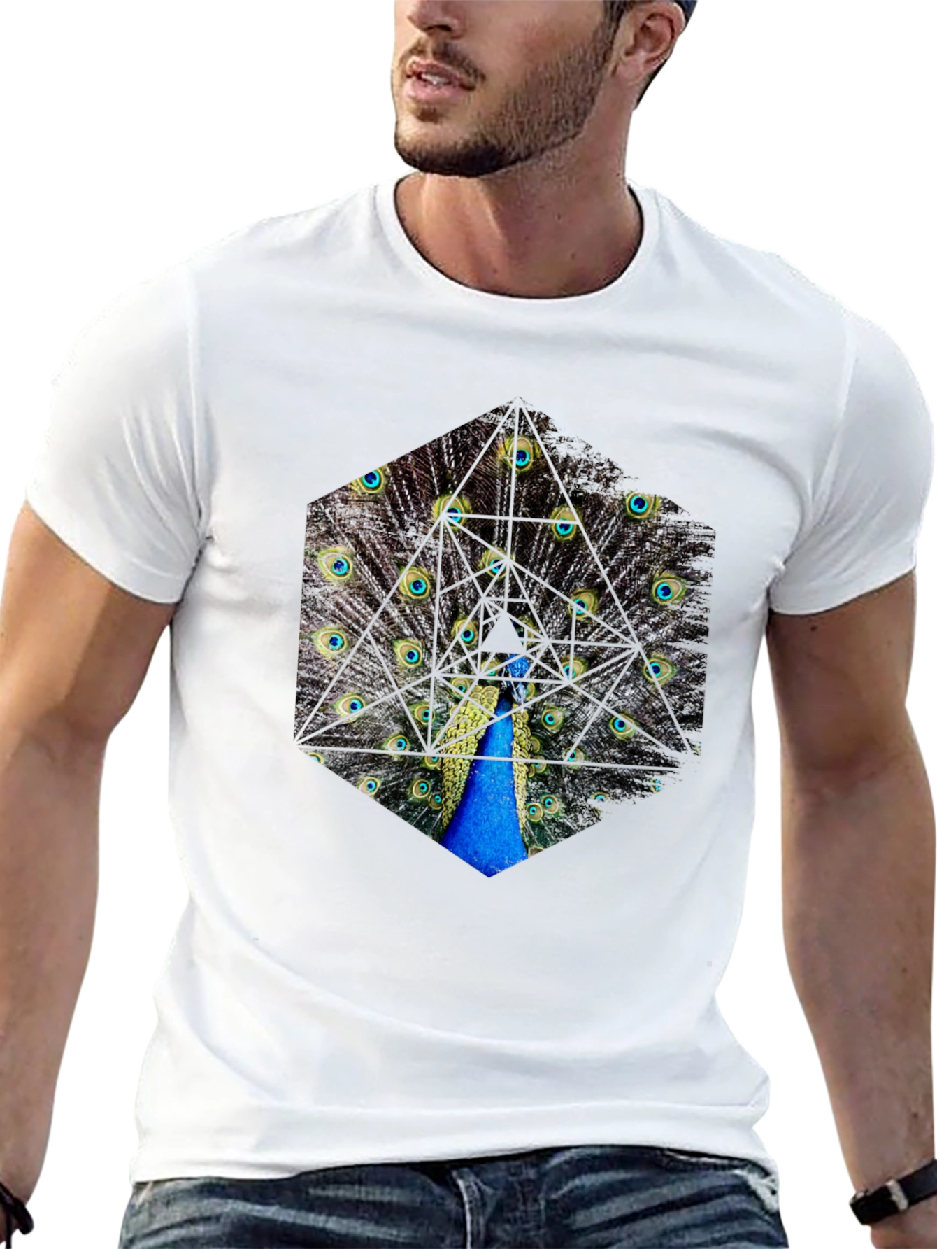 Peacock Feather Hexagon Graphic T-Shirt - Unique Design