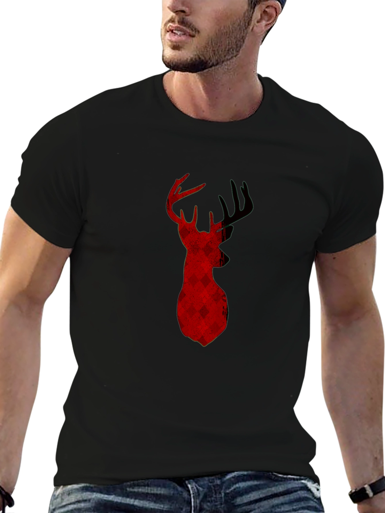 Buffalo Plaid Deer Head Black T-Shirt