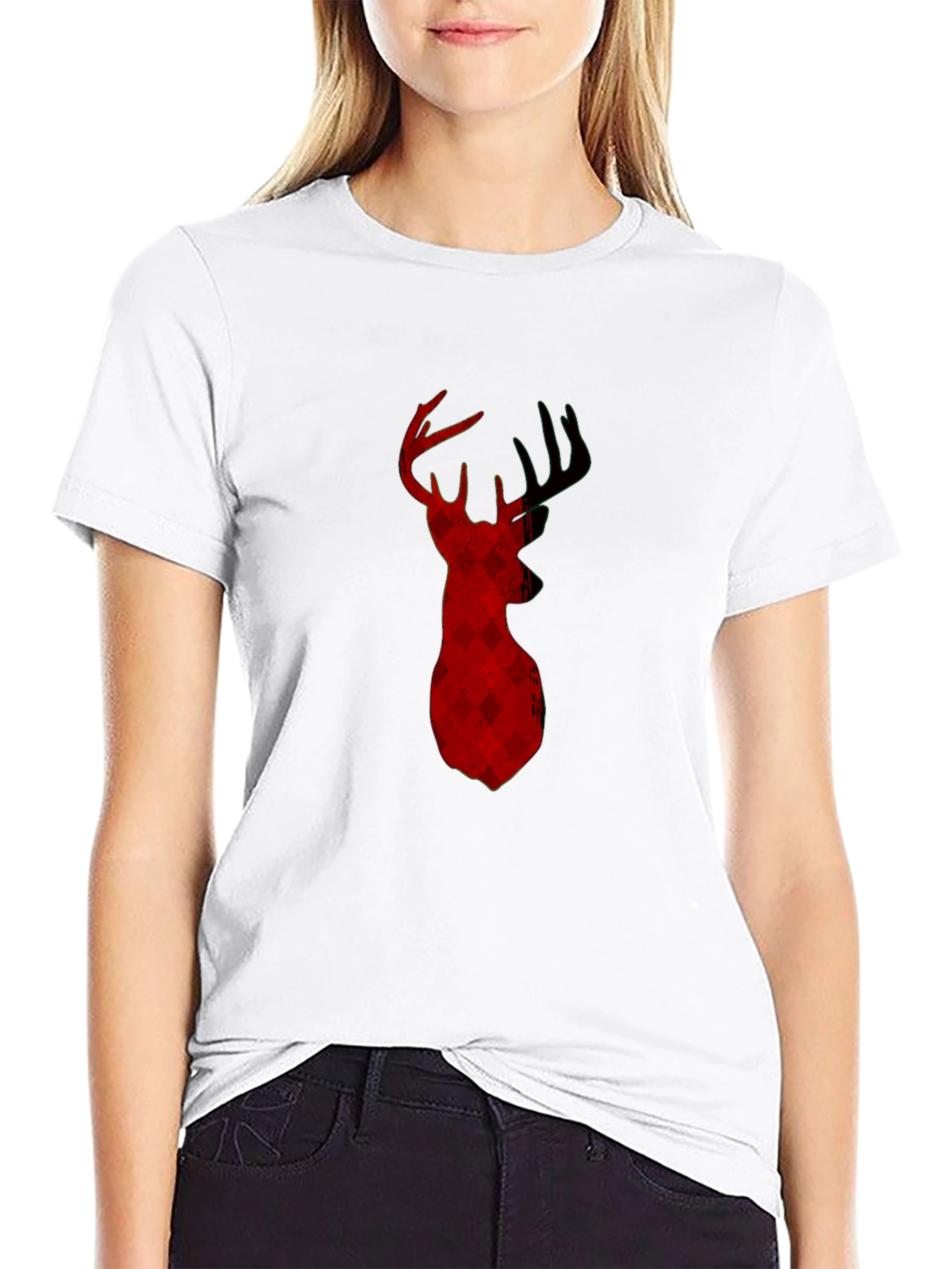 Buffalo Plaid Deer Head Black T-Shirt