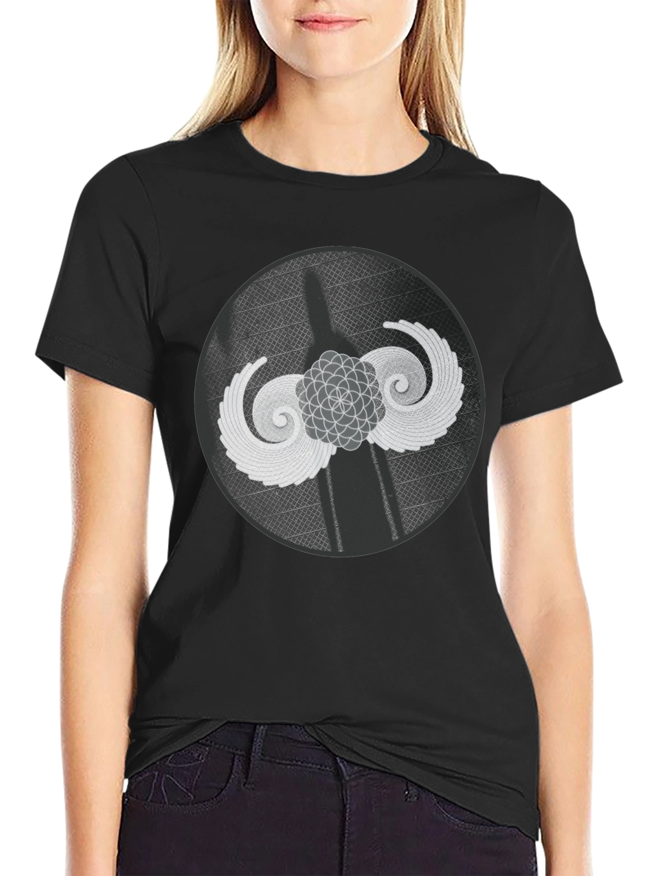 Geometric Wings Graphic Tee - Black Cotton Blend