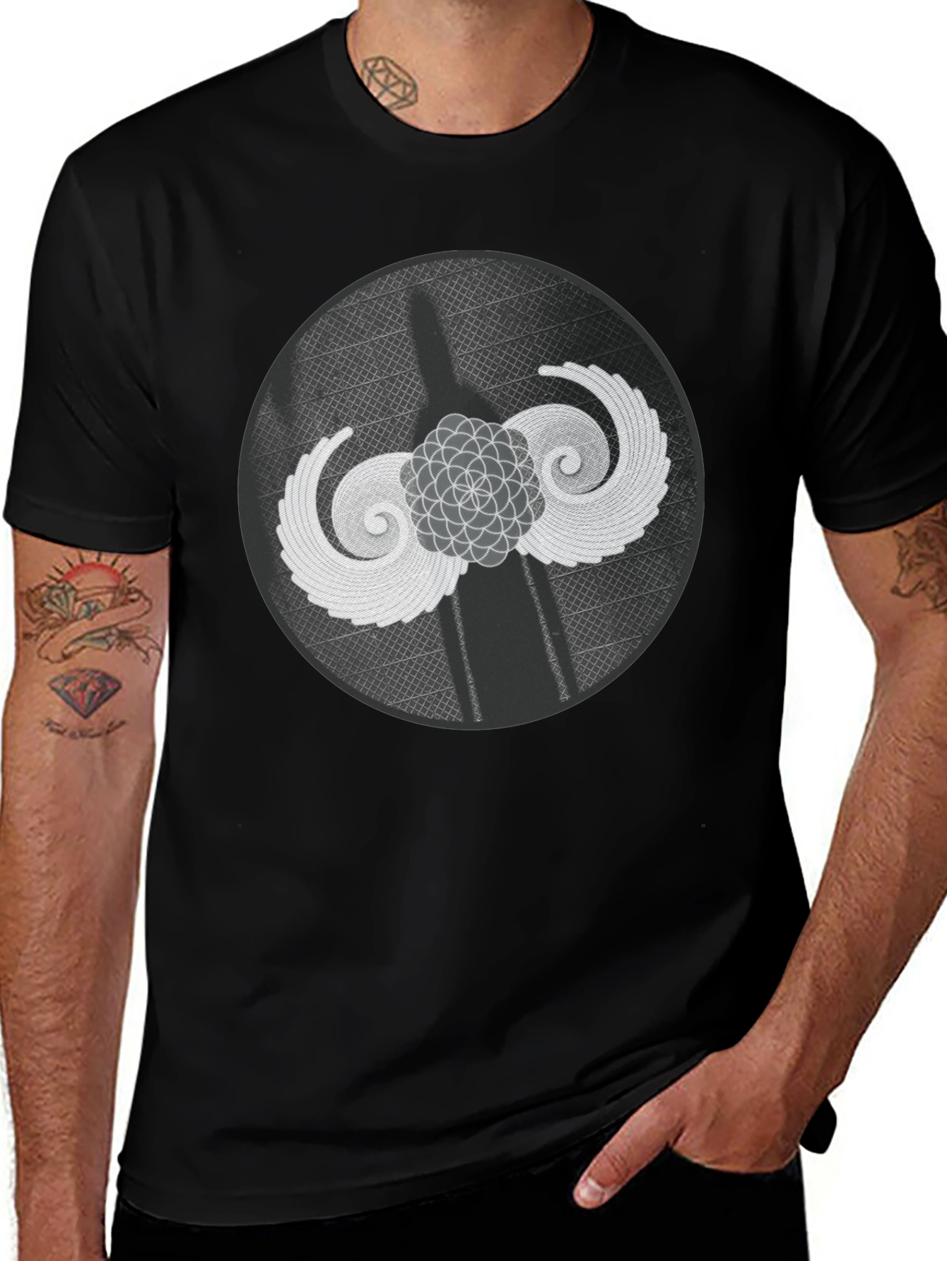 Geometric Wings Graphic Tee - Black Cotton Blend