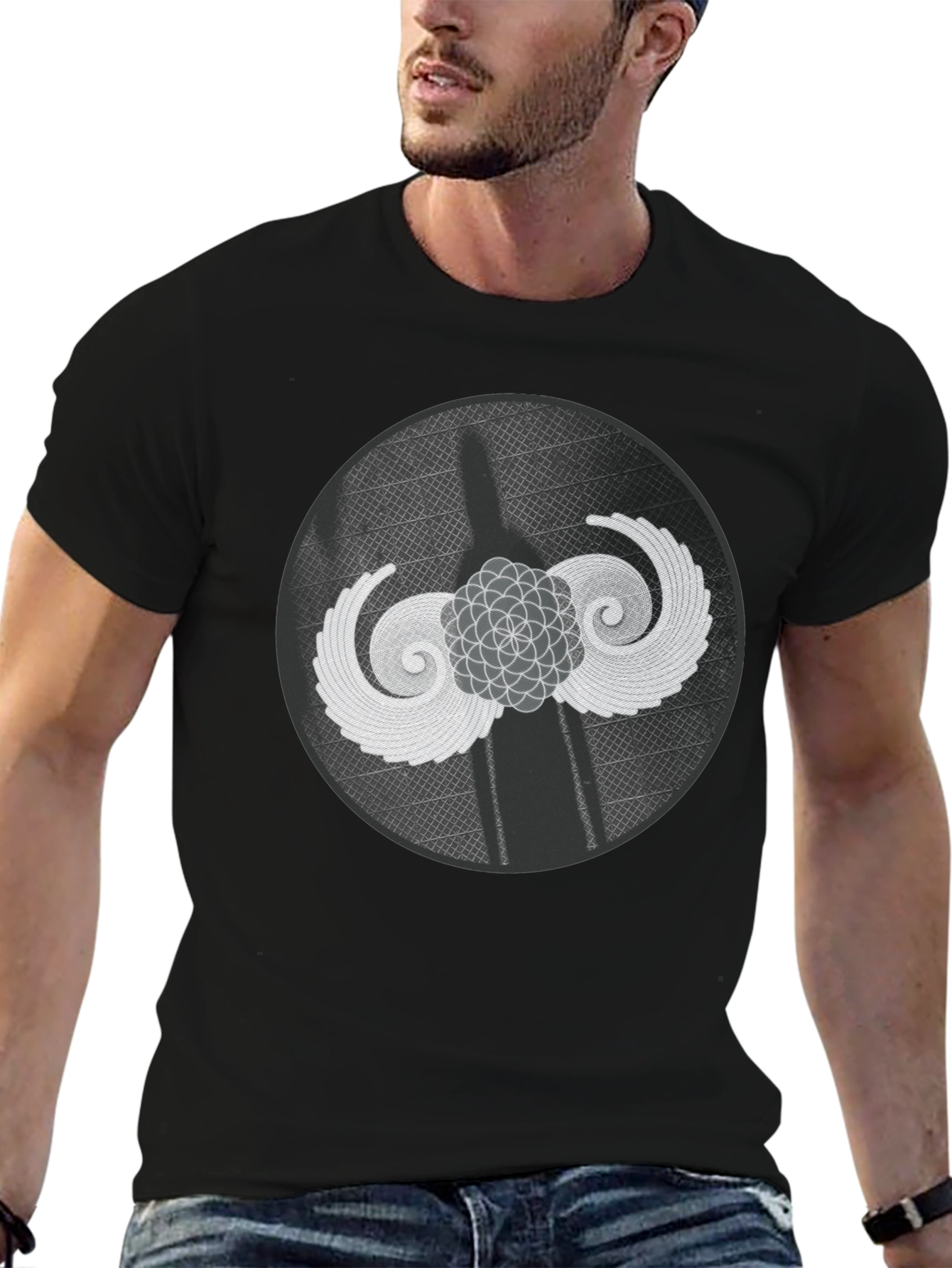 Geometric Wings Graphic Tee - Black Cotton Blend