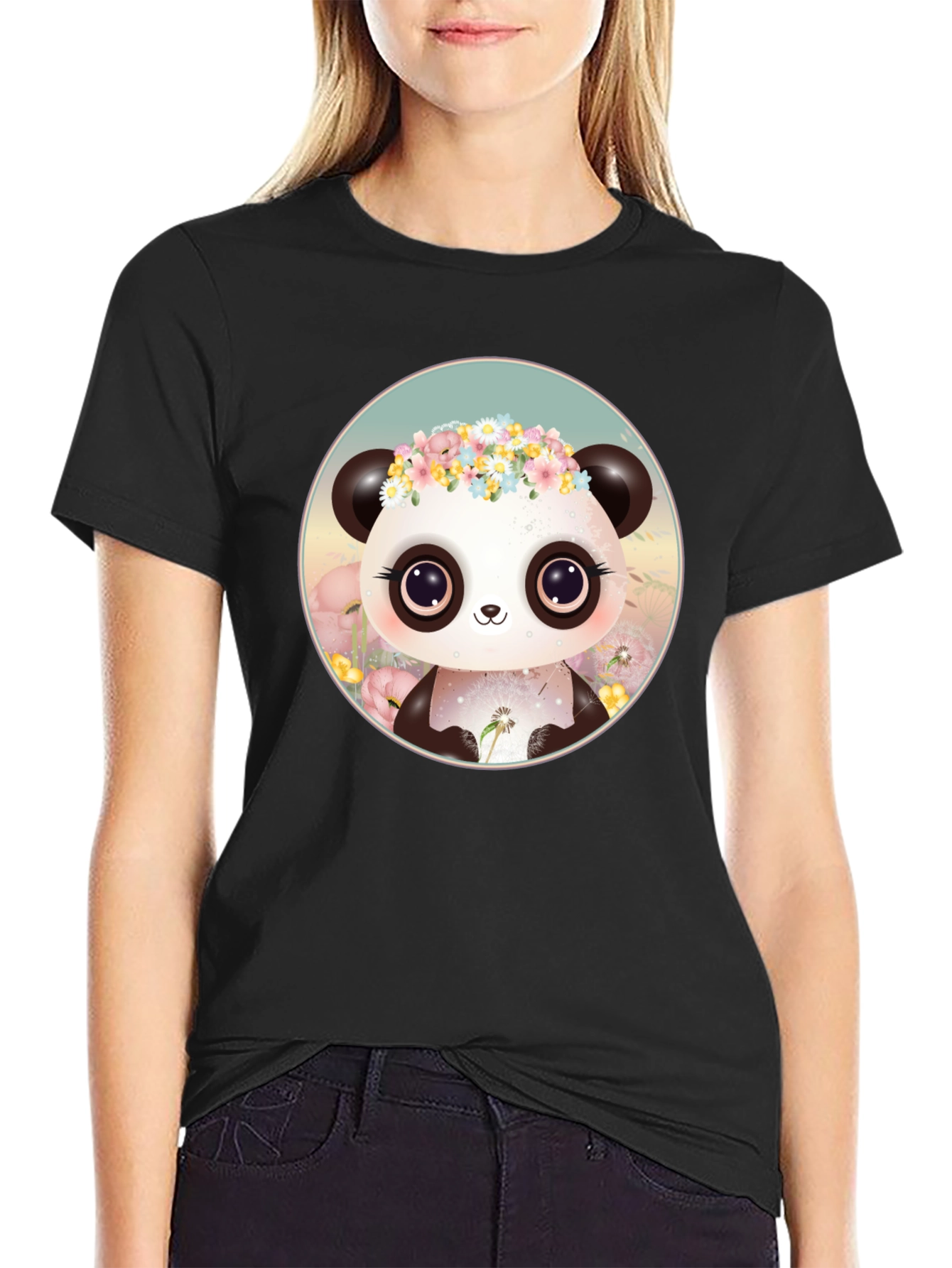 Cute Panda Flower Crown Graphic Tee