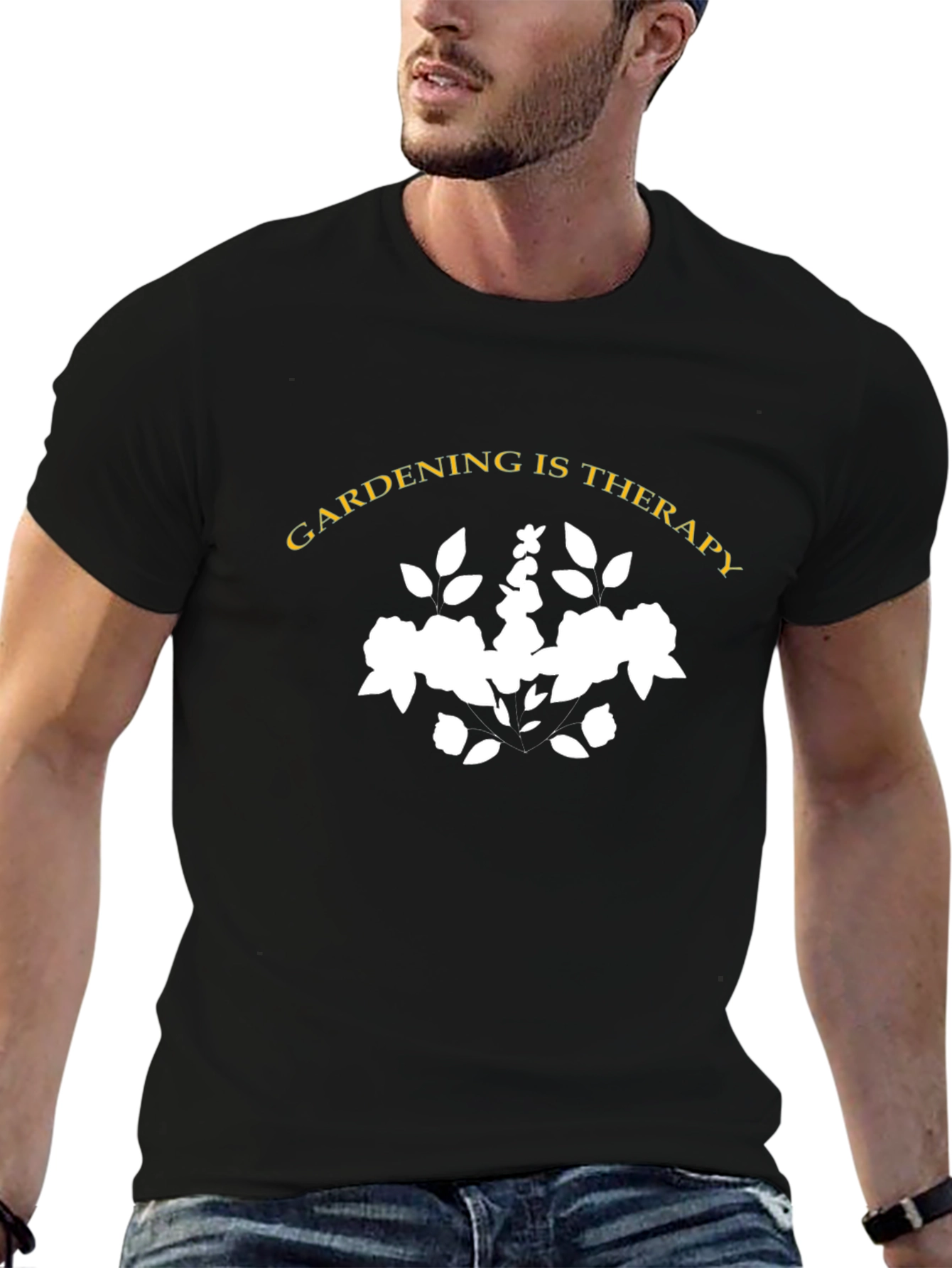 Gardening Is Therapy Black Cotton Graphic Tee