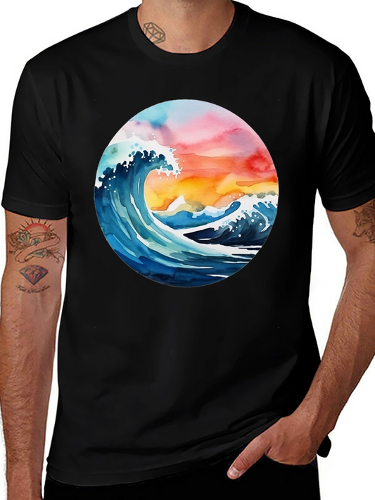 Wave Watercolor Graphic Print Black T-Shirt