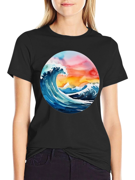Wave Watercolor Graphic Print Black T-Shirt