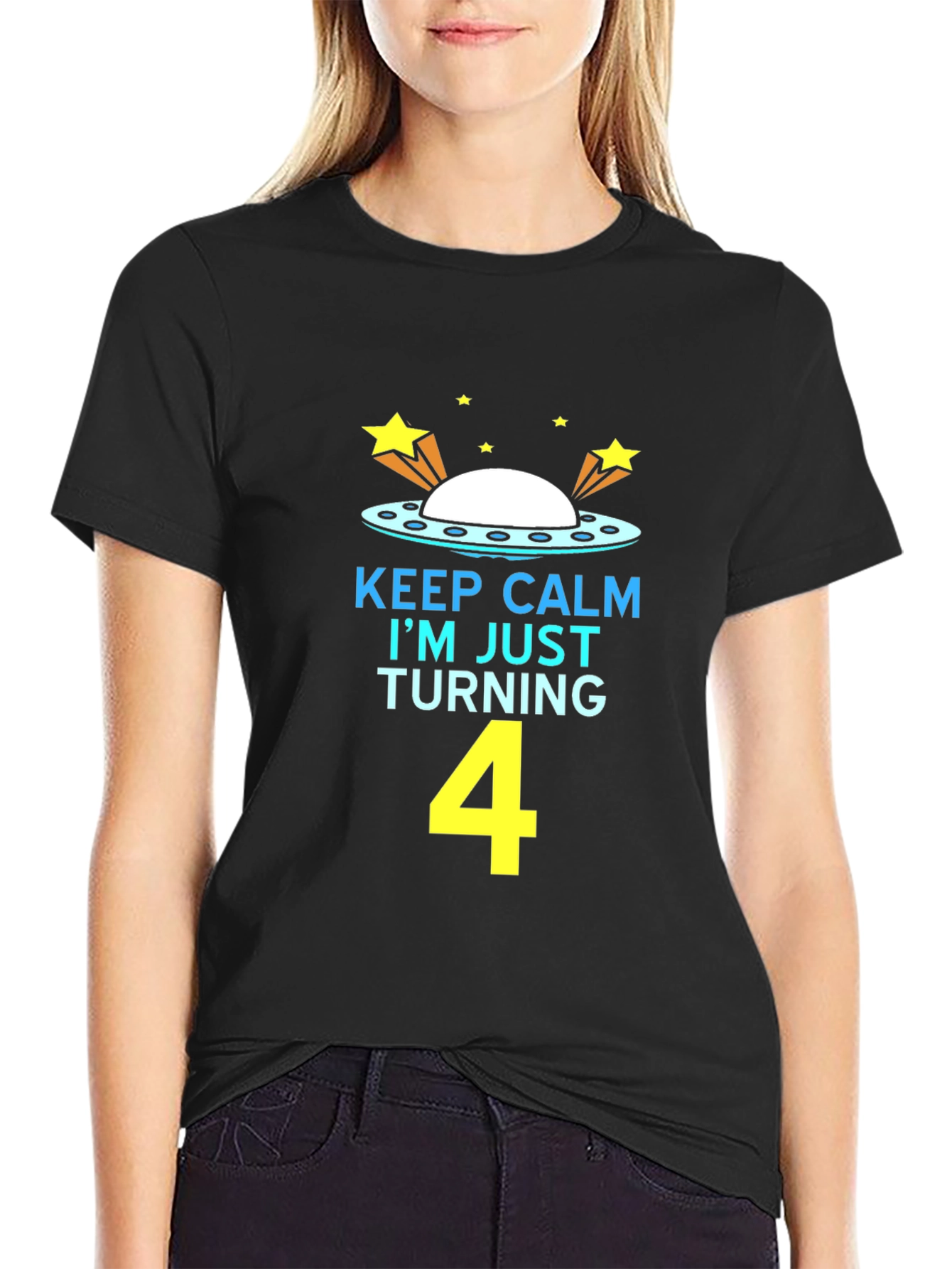Keep Calm Im Turning 4 UFO Kids Birthday T-Shirt