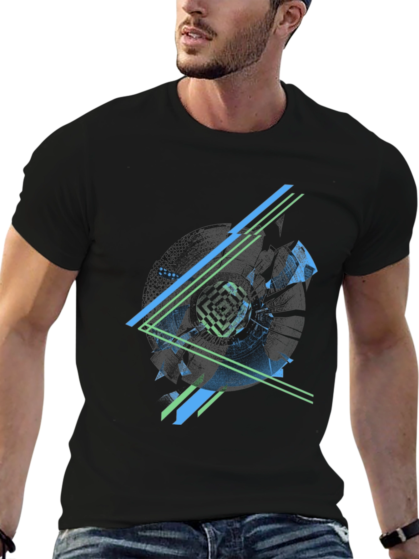 Abstract Geometric Graphic Print Mens Black T-Shirt