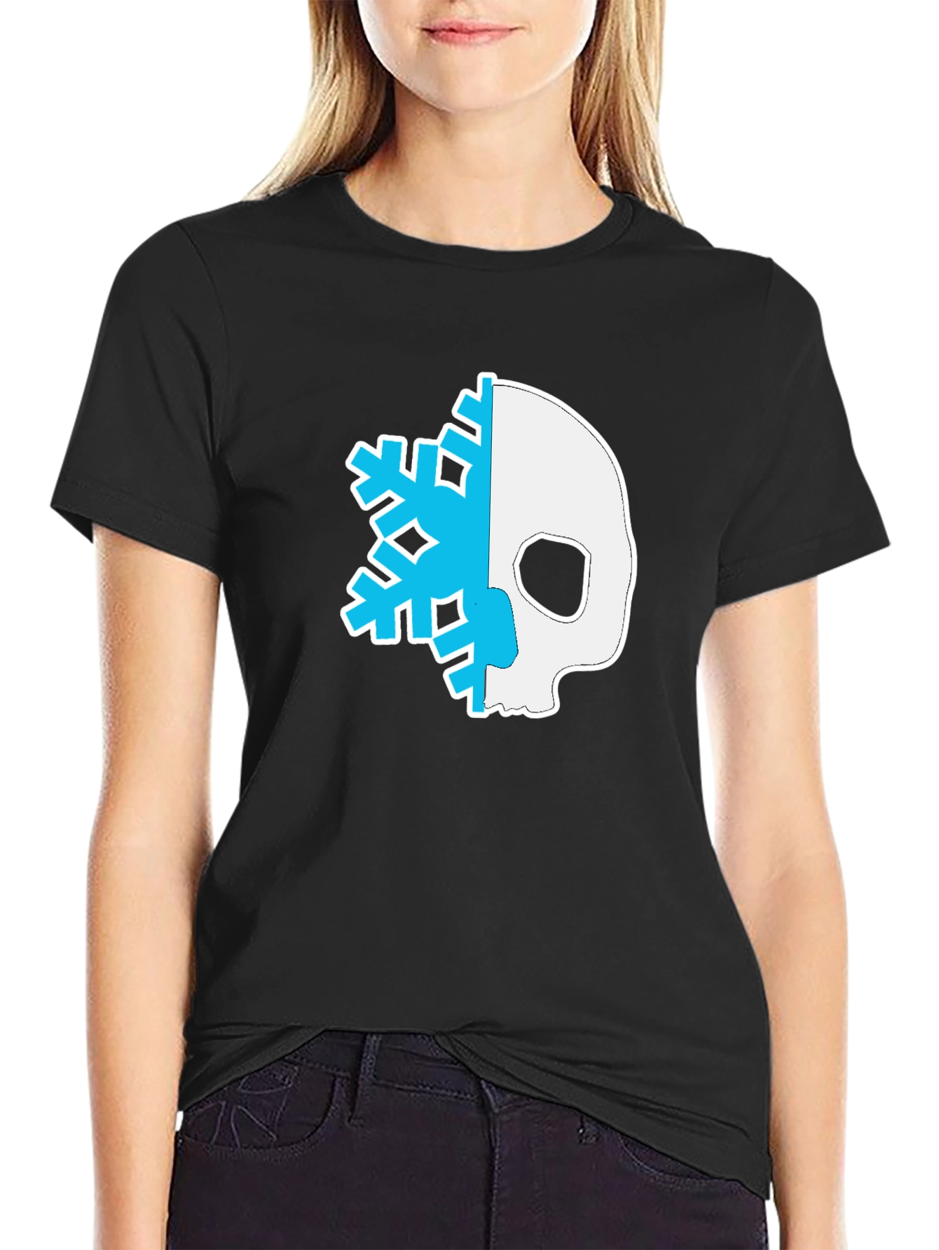 Skull Snowflake Graphic Tee - Black Cotton Blend