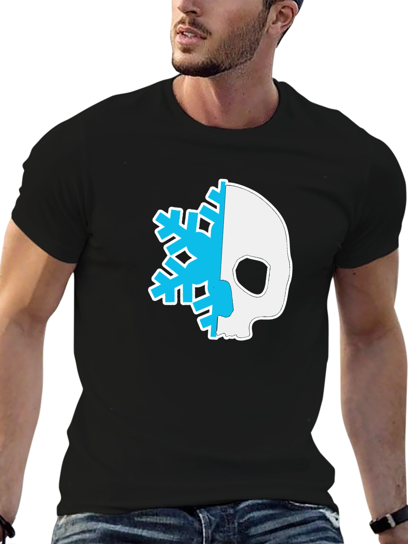 Skull Snowflake Graphic Tee - Black Cotton Blend