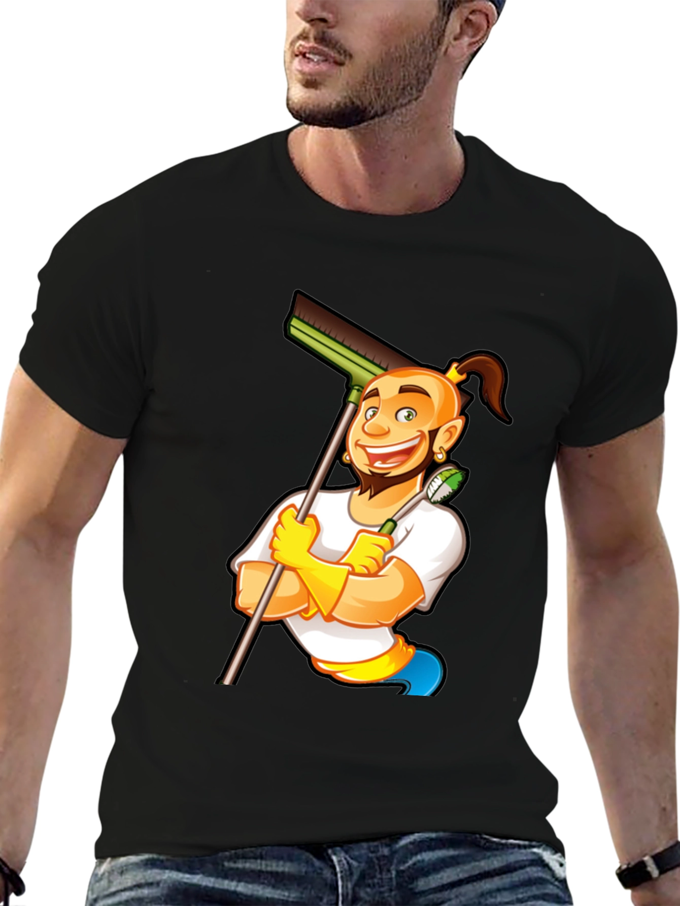 Cleaning Cartoon Graphic Black T-Shirt