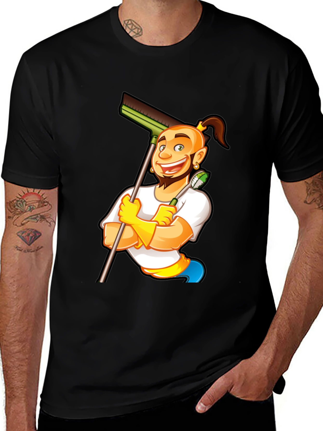 Cleaning Cartoon Graphic Black T-Shirt