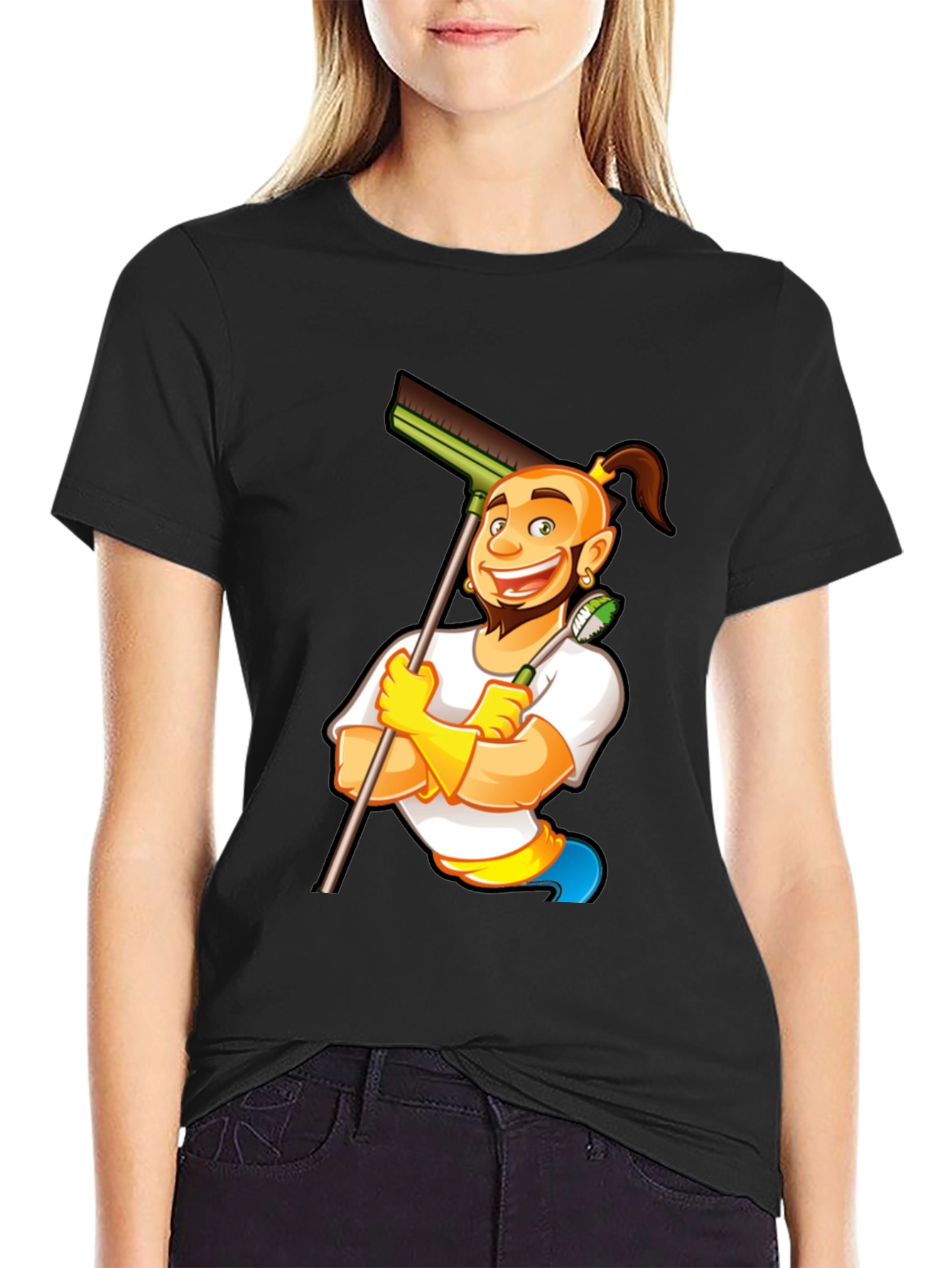 Cleaning Cartoon Graphic Black T-Shirt