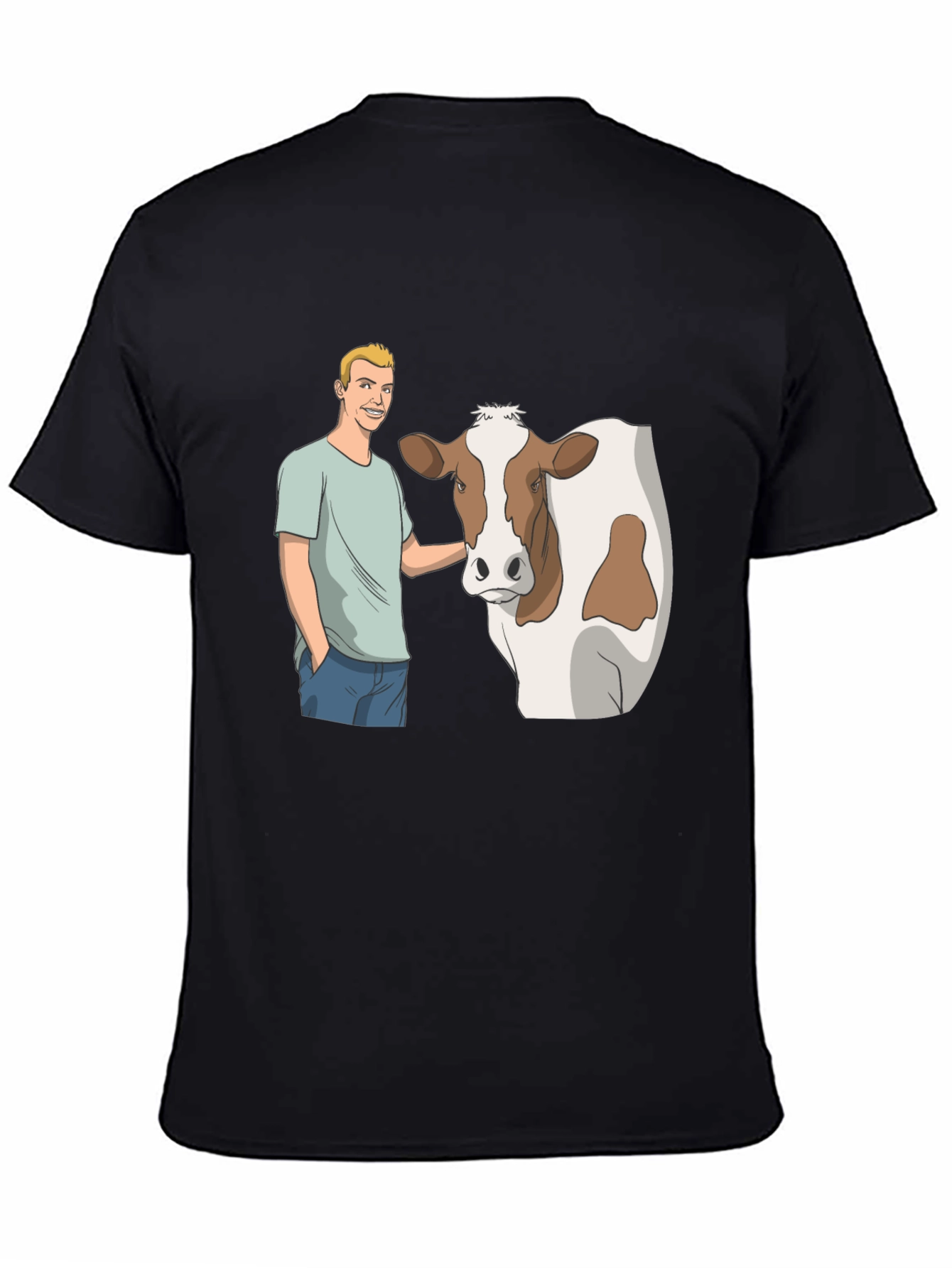 Cartoon Man & Cow Black T-Shirt