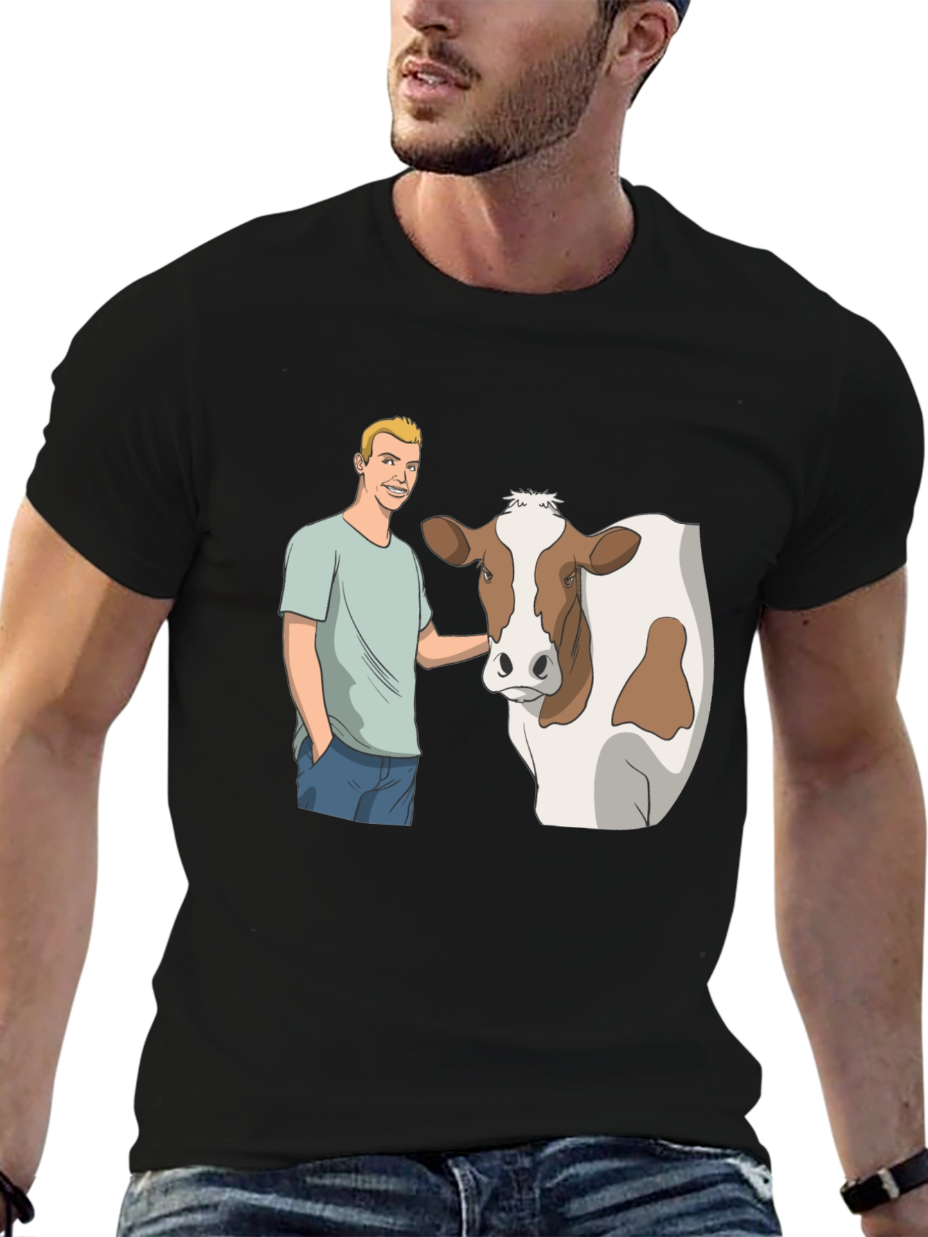 Cartoon Man & Cow Black T-Shirt