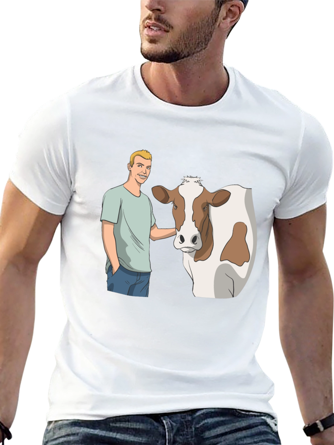 Cartoon Man & Cow Black T-Shirt