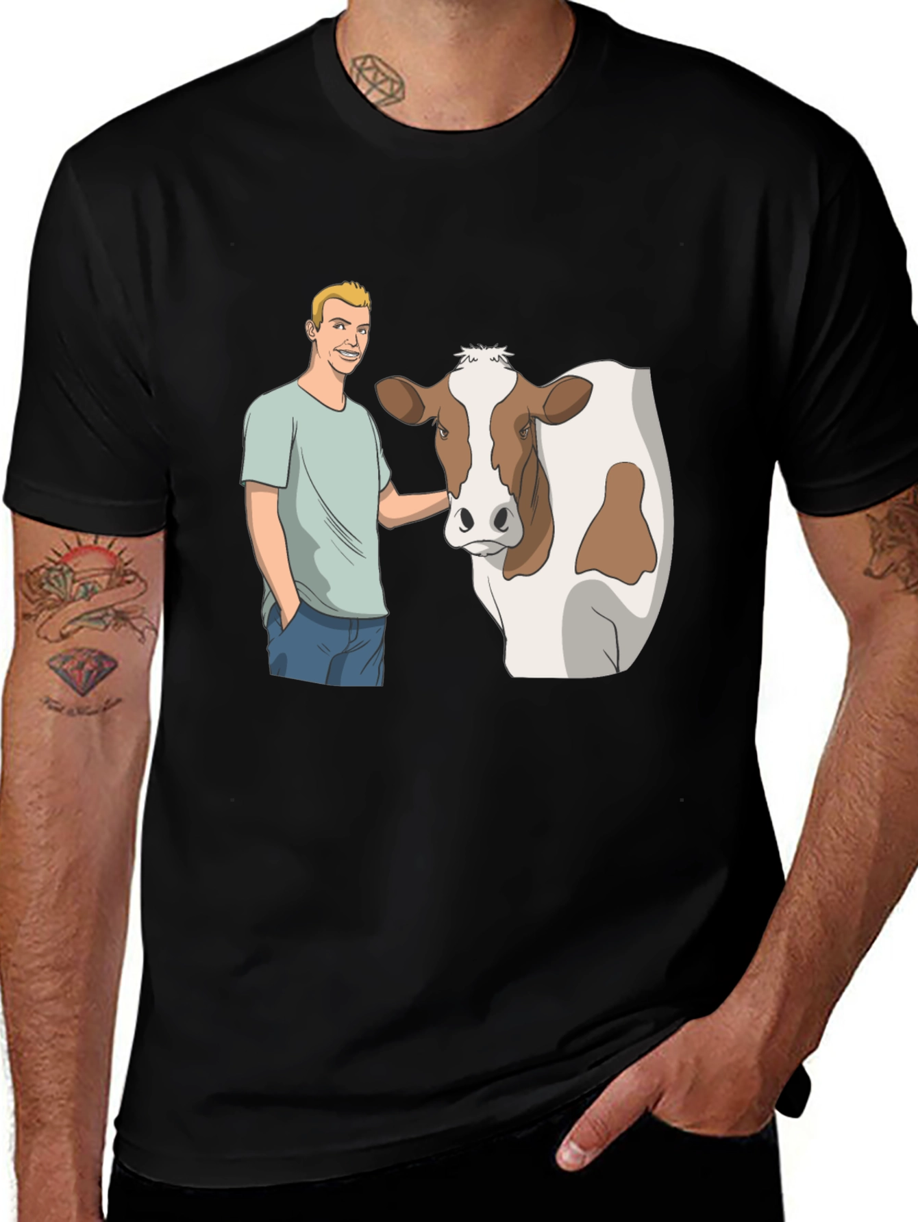 Cartoon Man & Cow Black T-Shirt