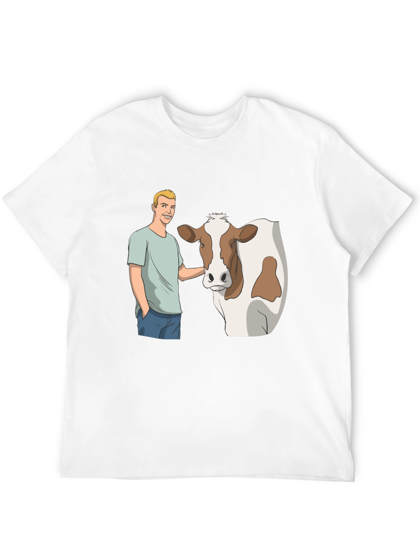 Cartoon Man & Cow Black T-Shirt