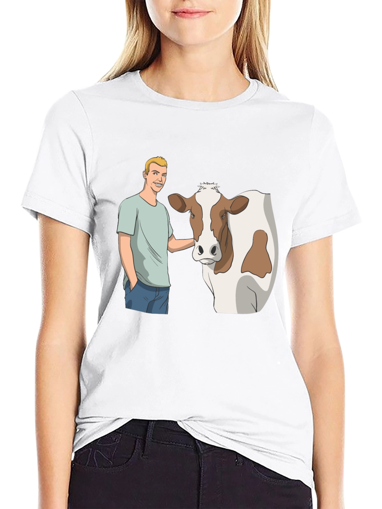 Cartoon Man & Cow Black T-Shirt