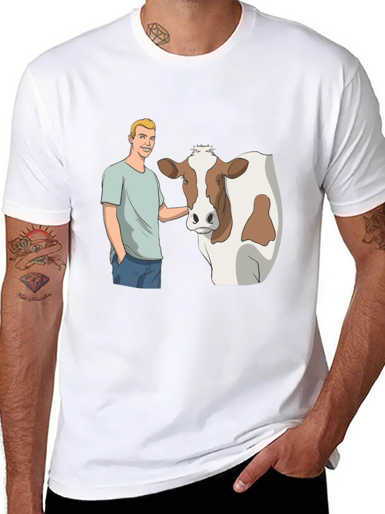 Cartoon Man & Cow Black T-Shirt