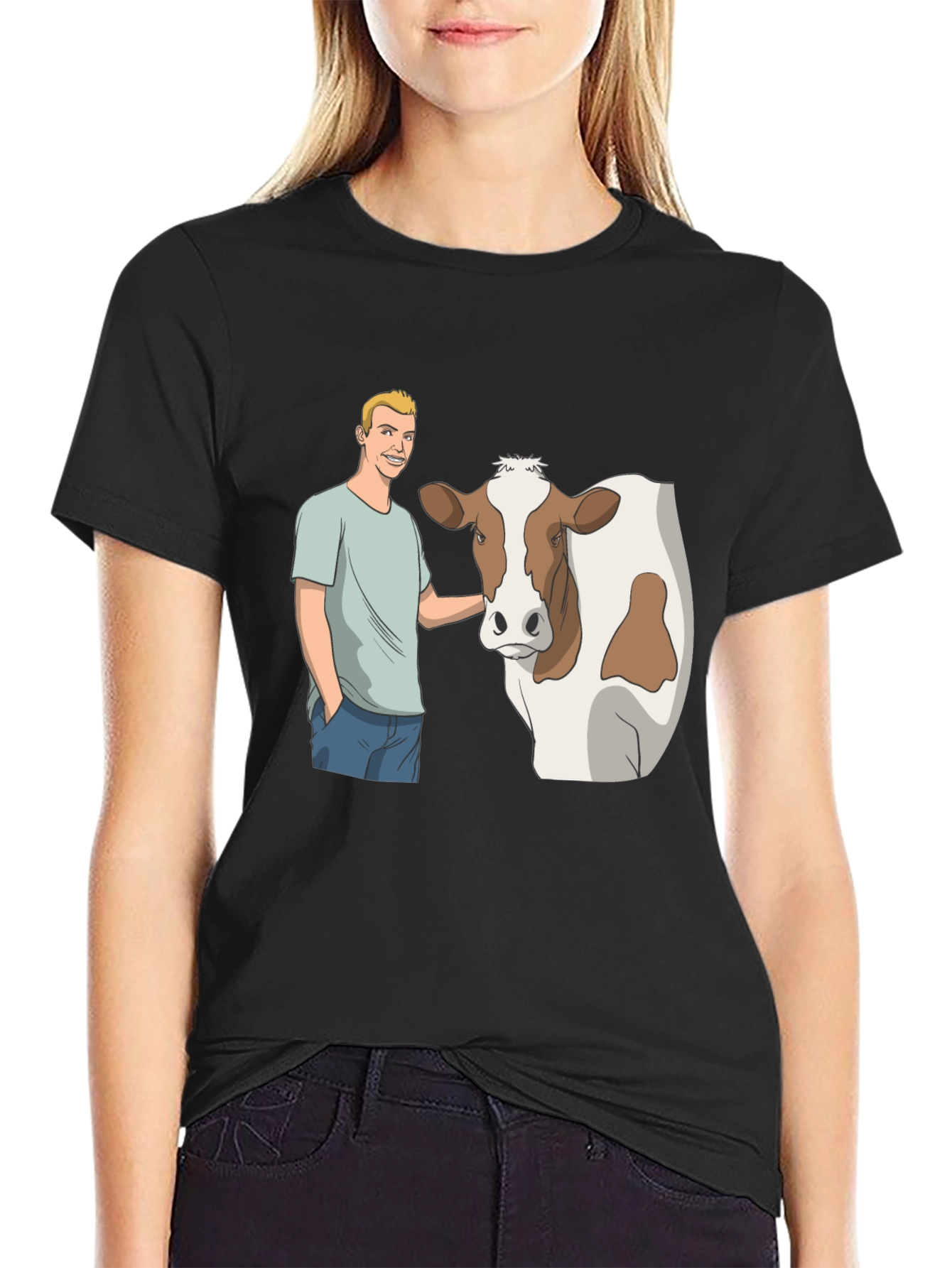 Cartoon Man & Cow Black T-Shirt