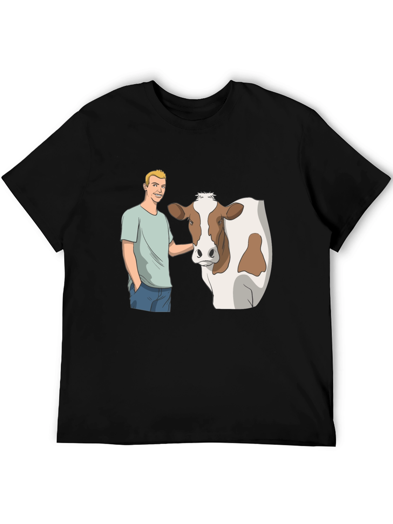 Cartoon Man & Cow Black T-Shirt