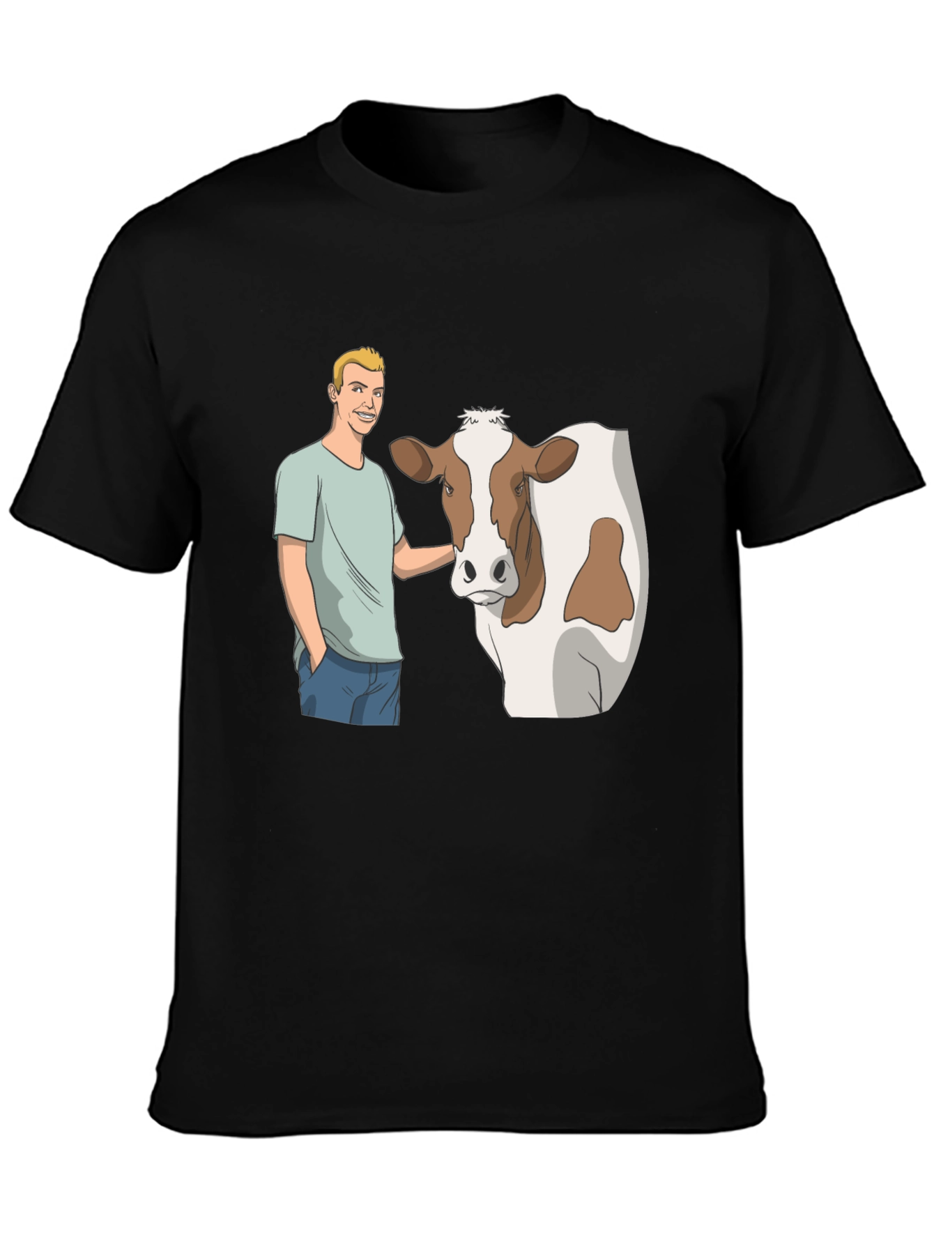 Cartoon Man & Cow Black T-Shirt