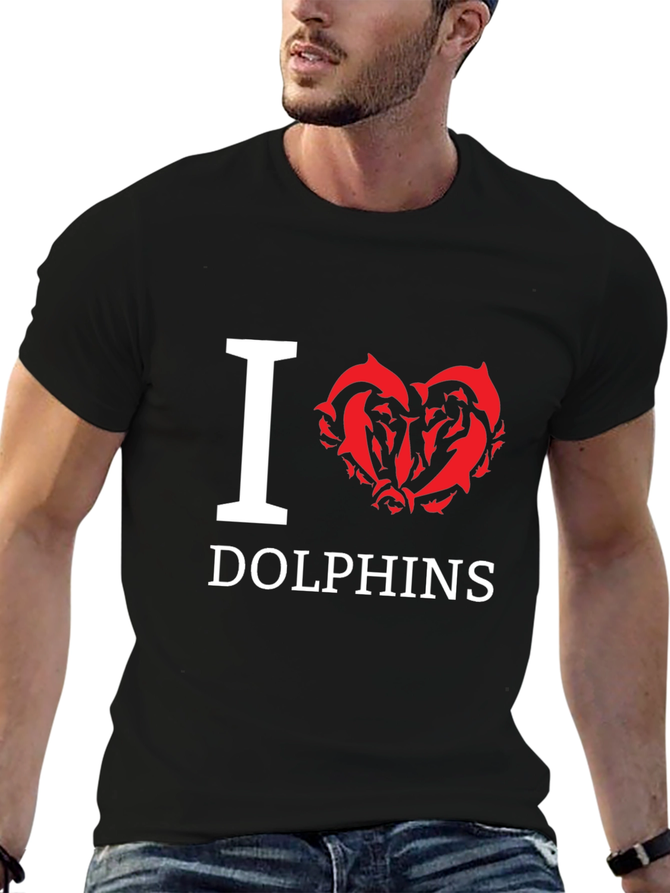 I Love Dolphins Graphic T-Shirt - Black Cotton Tee