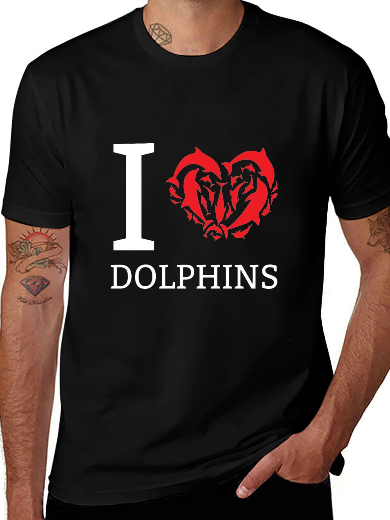 I Love Dolphins Graphic T-Shirt - Black Cotton Tee