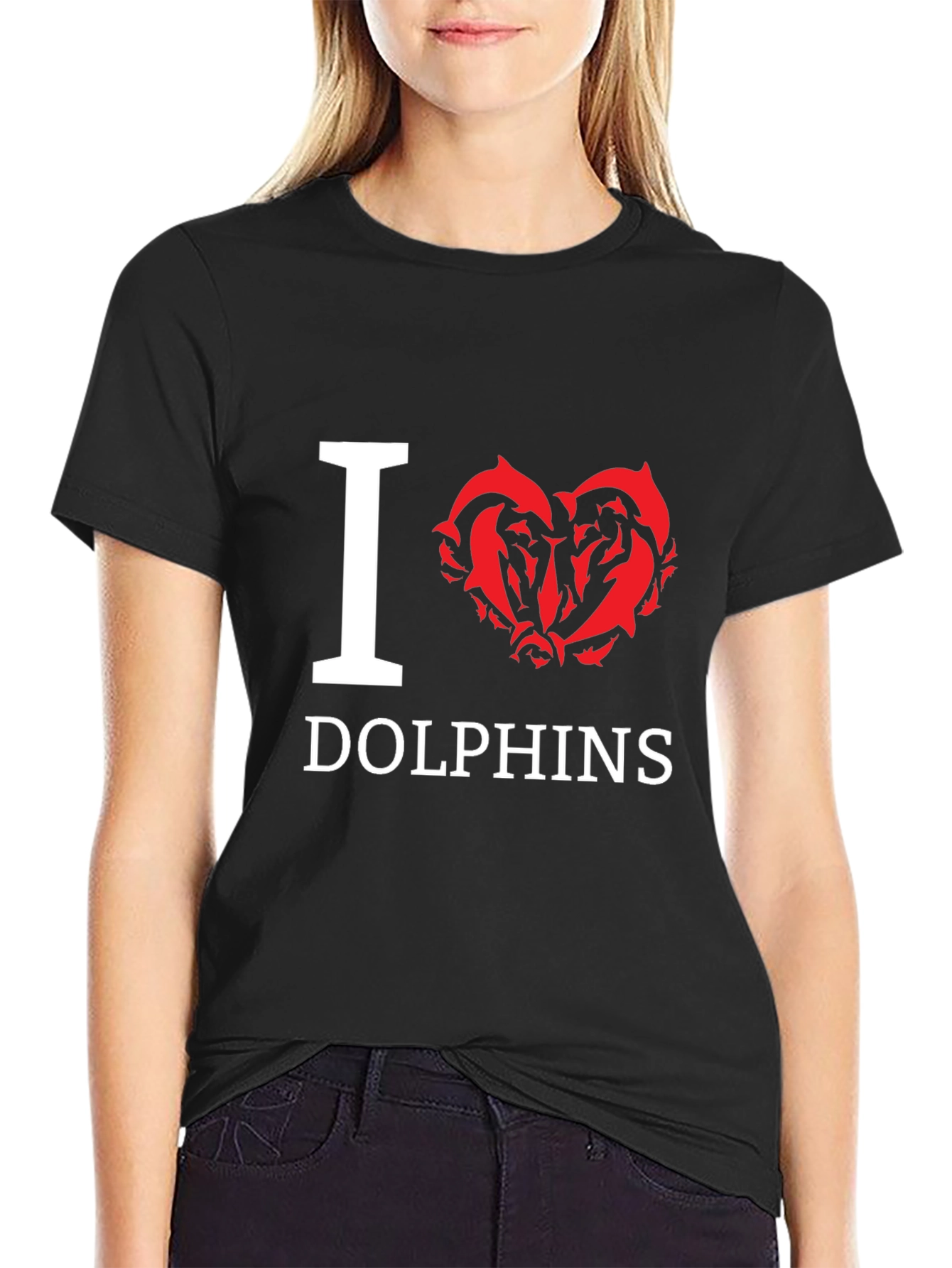 I Love Dolphins Graphic T-Shirt - Black Cotton Tee