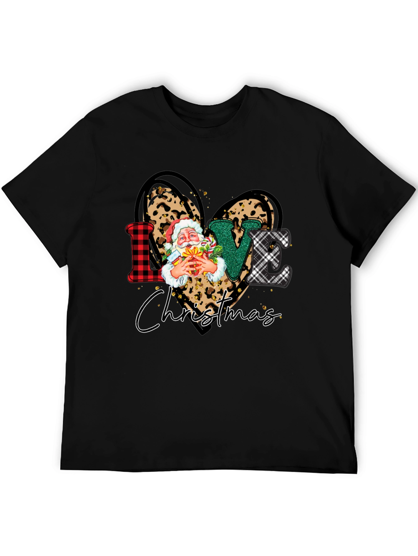 Love Christmas Heart Santa Leopard Print T-Shirt