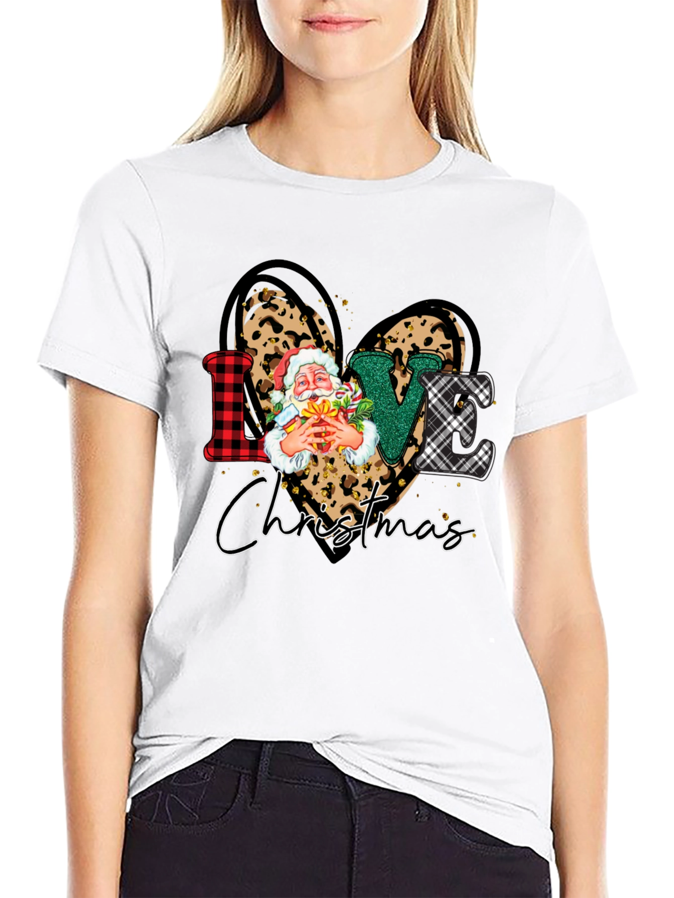 Love Christmas Heart Santa Leopard Print T-Shirt