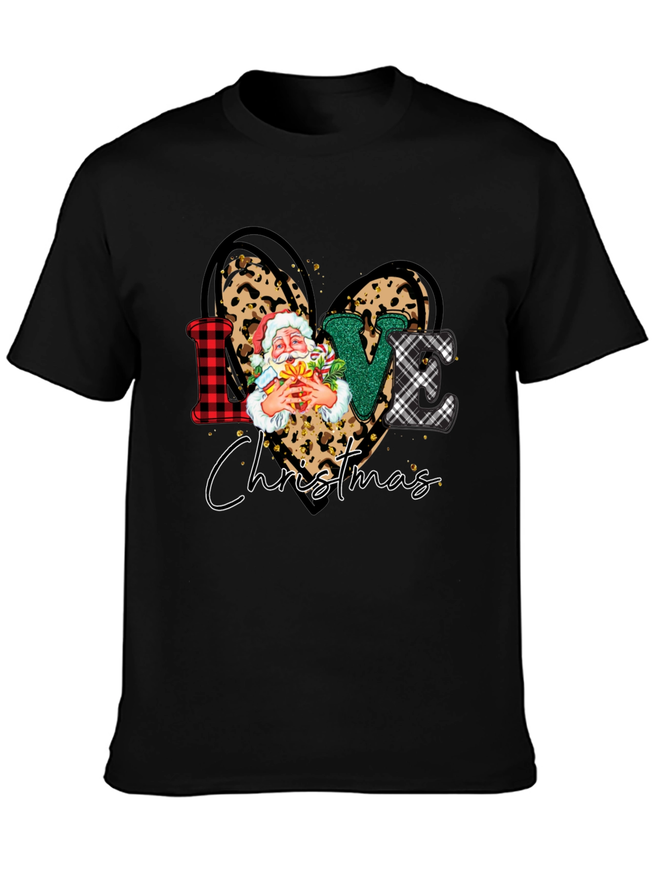 Love Christmas Heart Santa Leopard Print T-Shirt