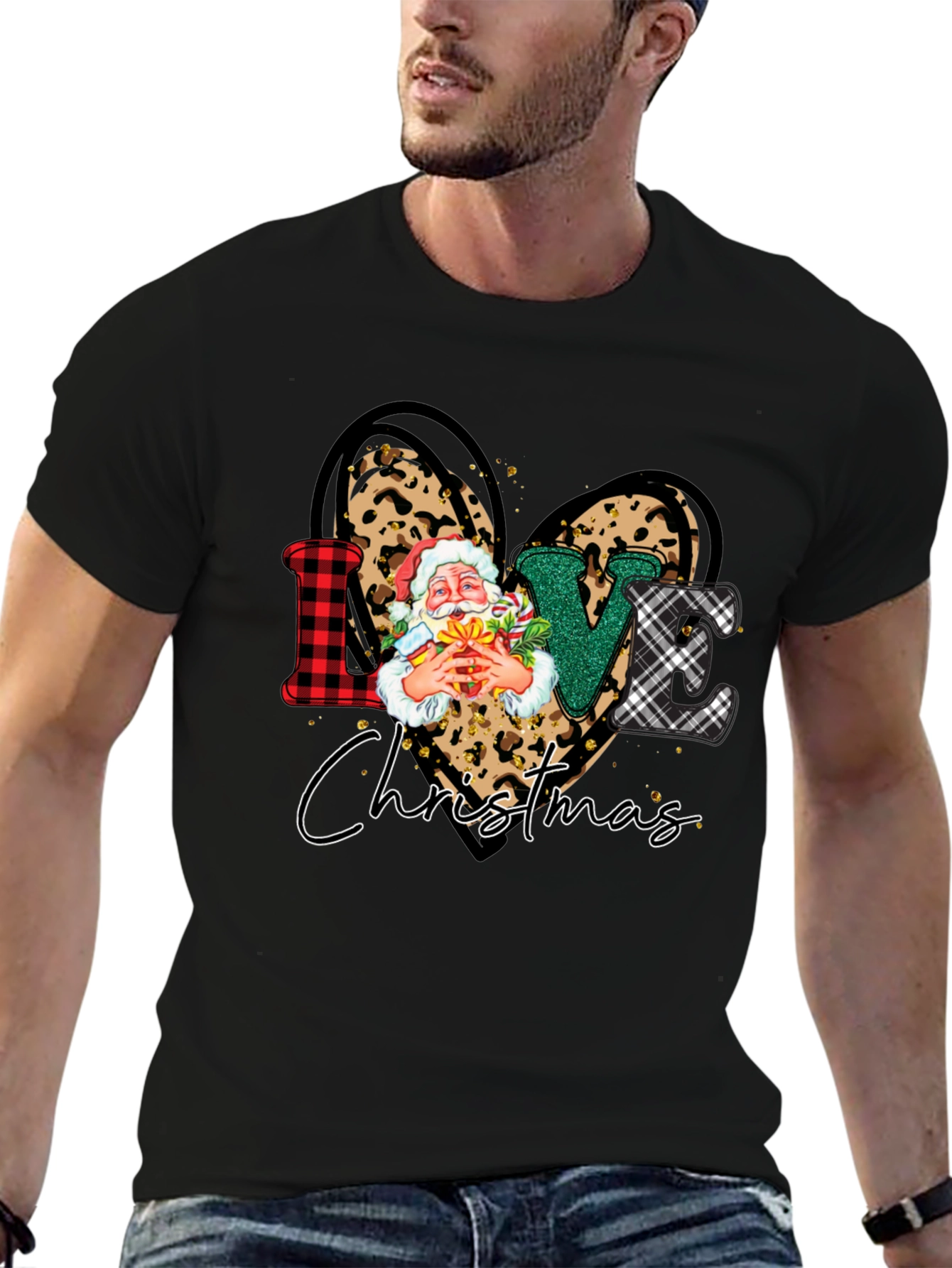 Love Christmas Heart Santa Leopard Print T-Shirt