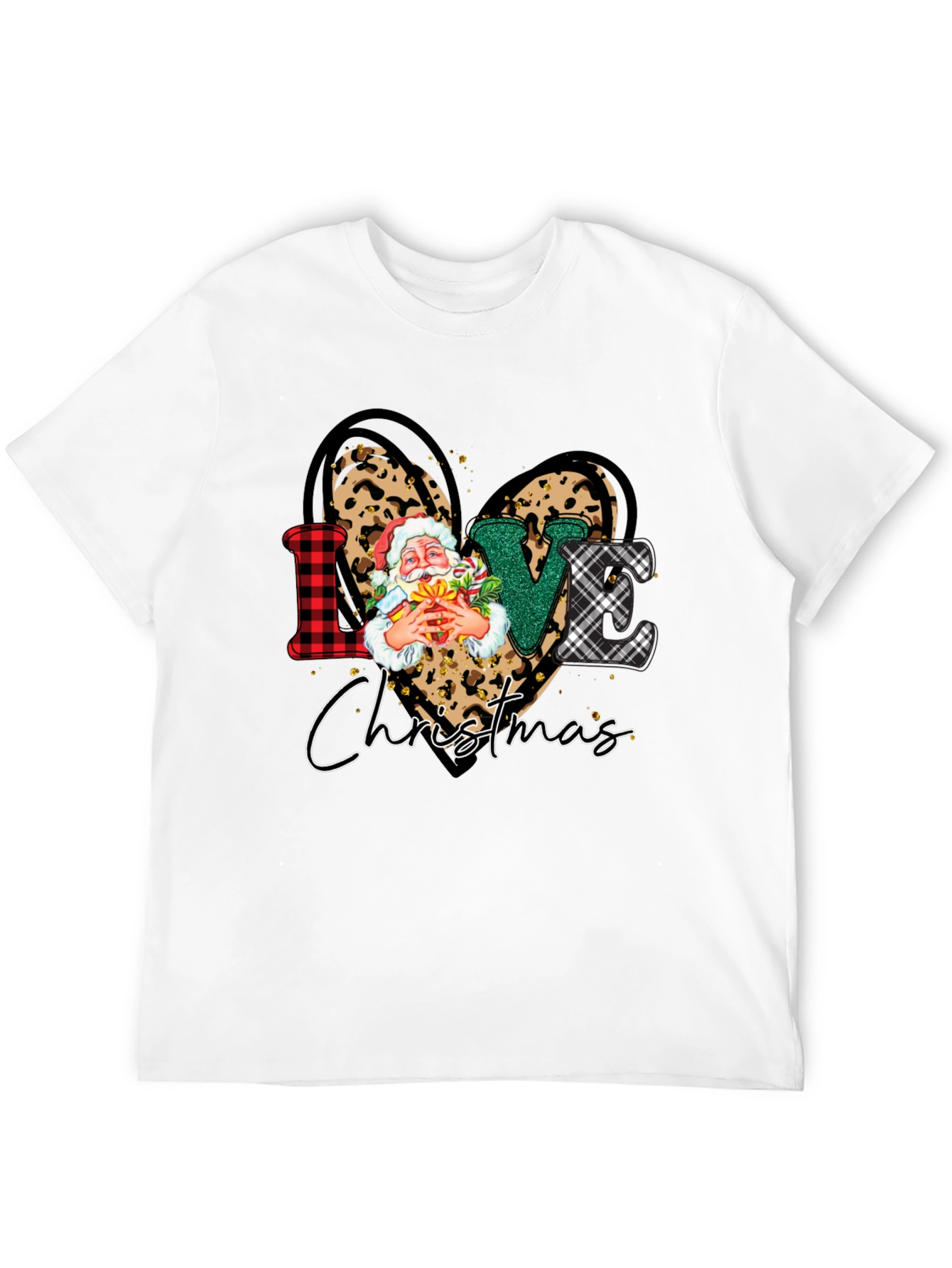 Love Christmas Heart Santa Leopard Print T-Shirt