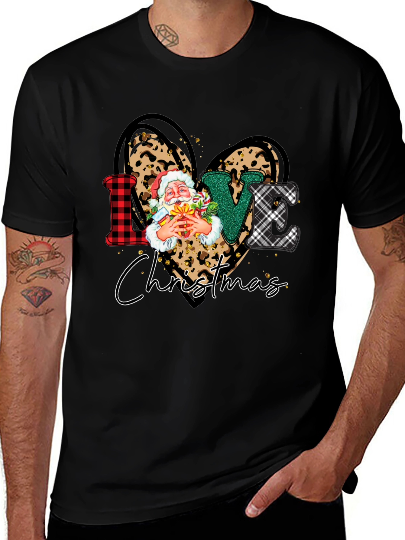 Love Christmas Heart Santa Leopard Print T-Shirt