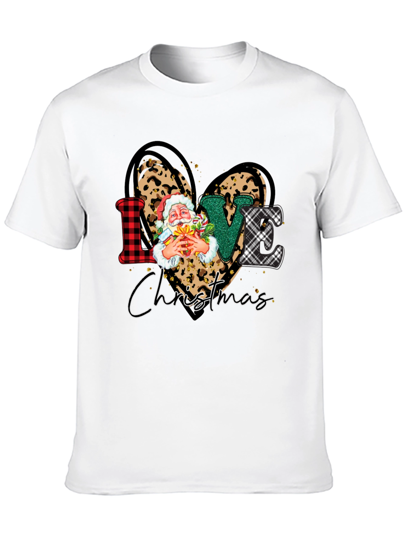 Love Christmas Heart Santa Leopard Print T-Shirt