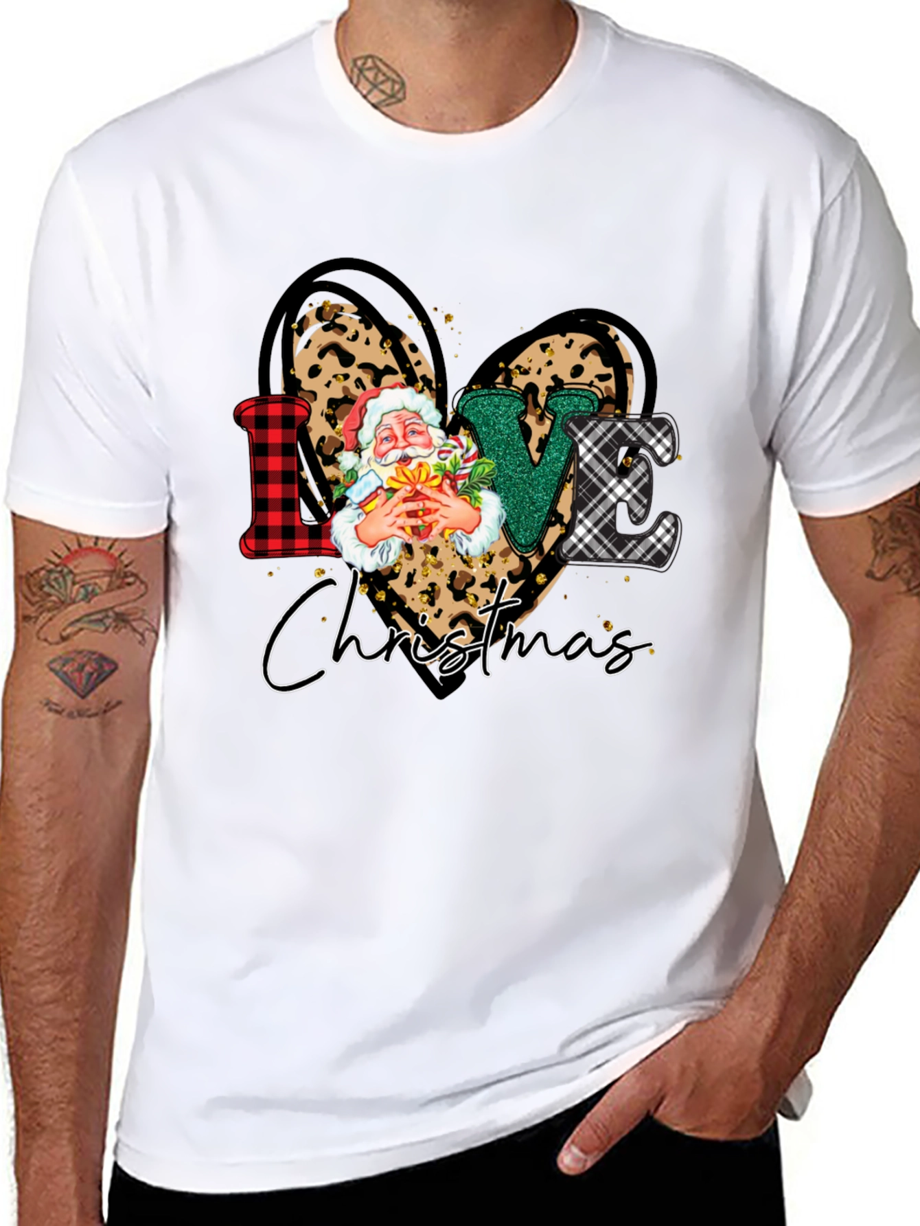 Love Christmas Heart Santa Leopard Print T-Shirt