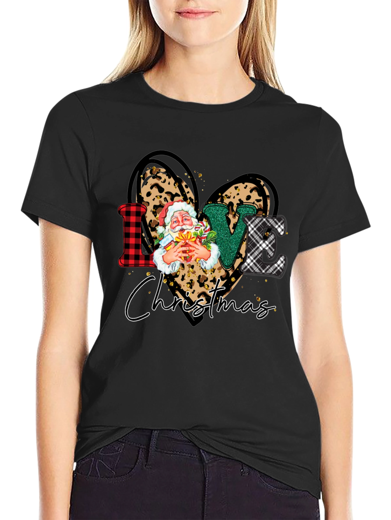Love Christmas Heart Santa Leopard Print T-Shirt