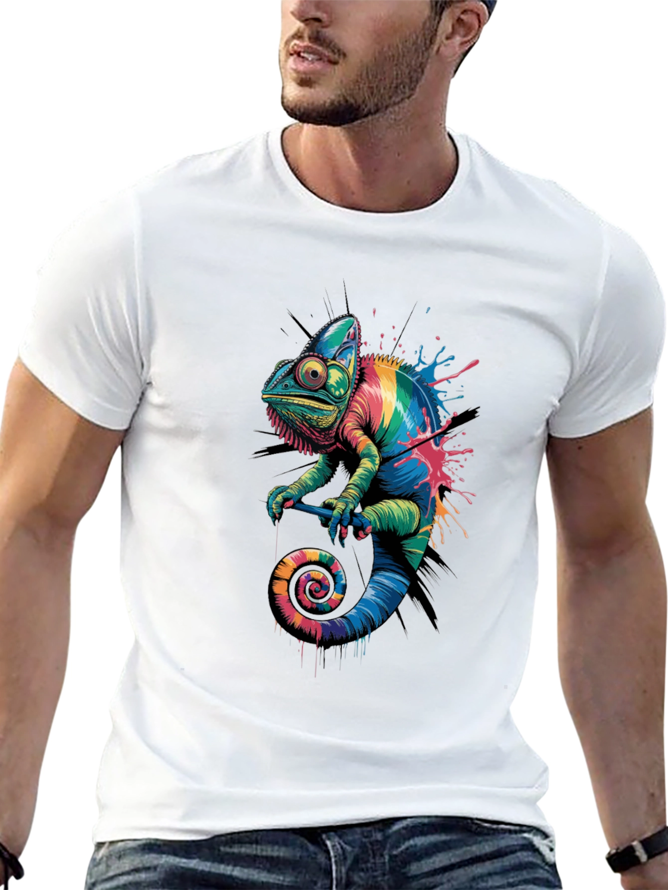 Rainbow Chameleon Graphic Print T-Shirt