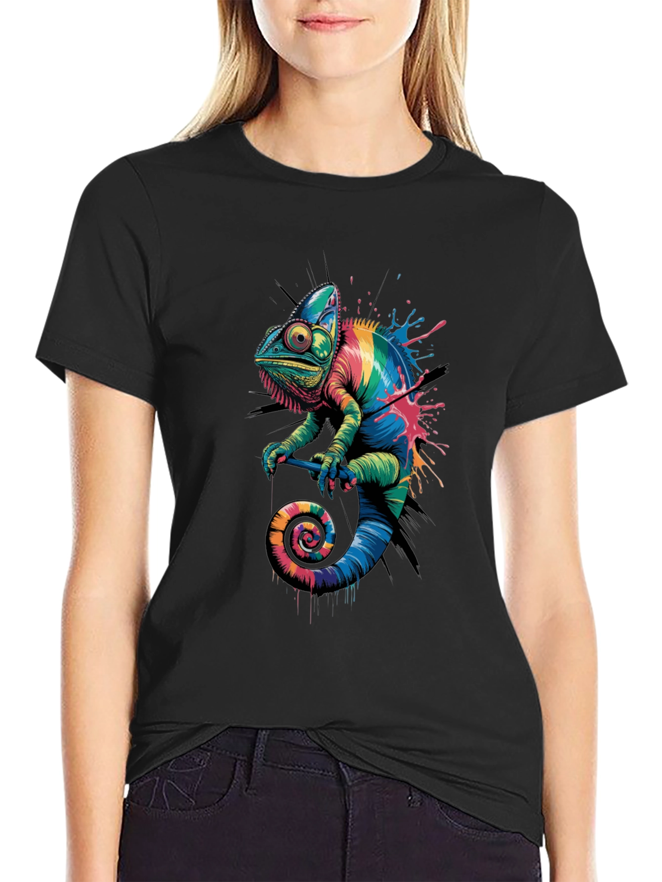 Rainbow Chameleon Graphic Print T-Shirt