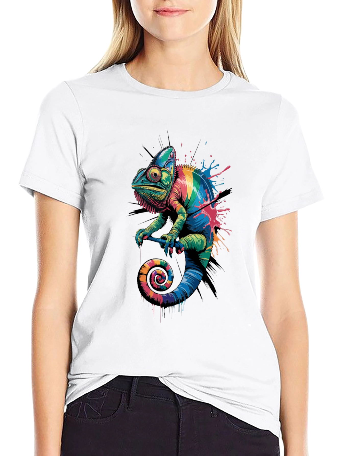 Rainbow Chameleon Graphic Print T-Shirt