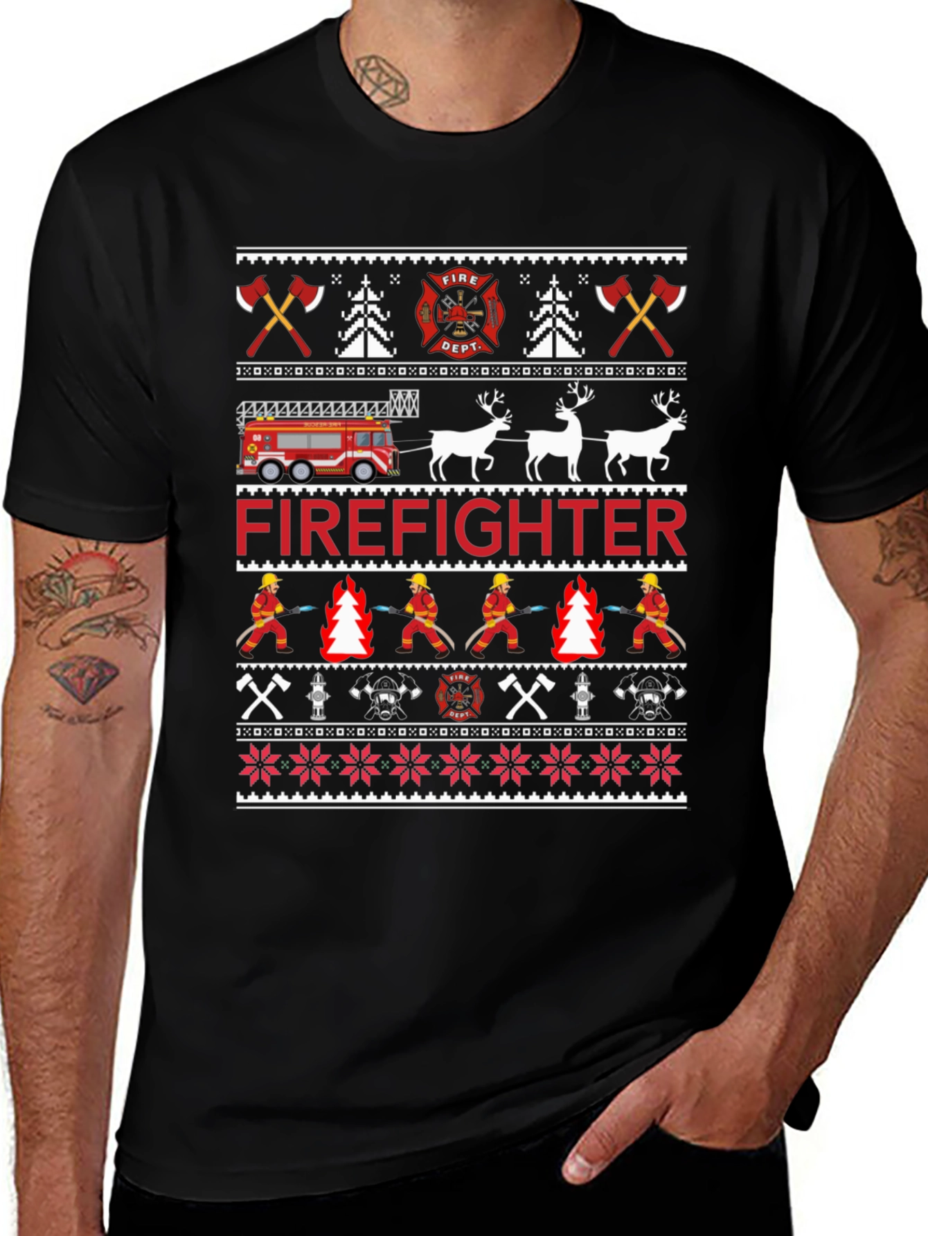 Firefighter Christmas Ugly Sweater Style T-Shirt