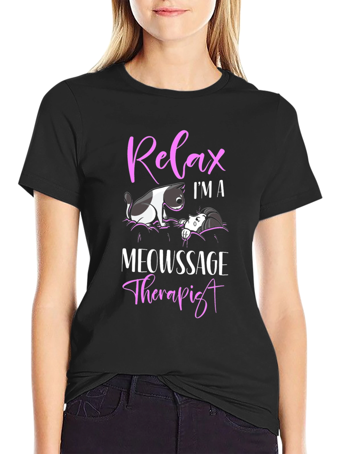 Relax Im a Meowssage Therapist Black T-Shirt