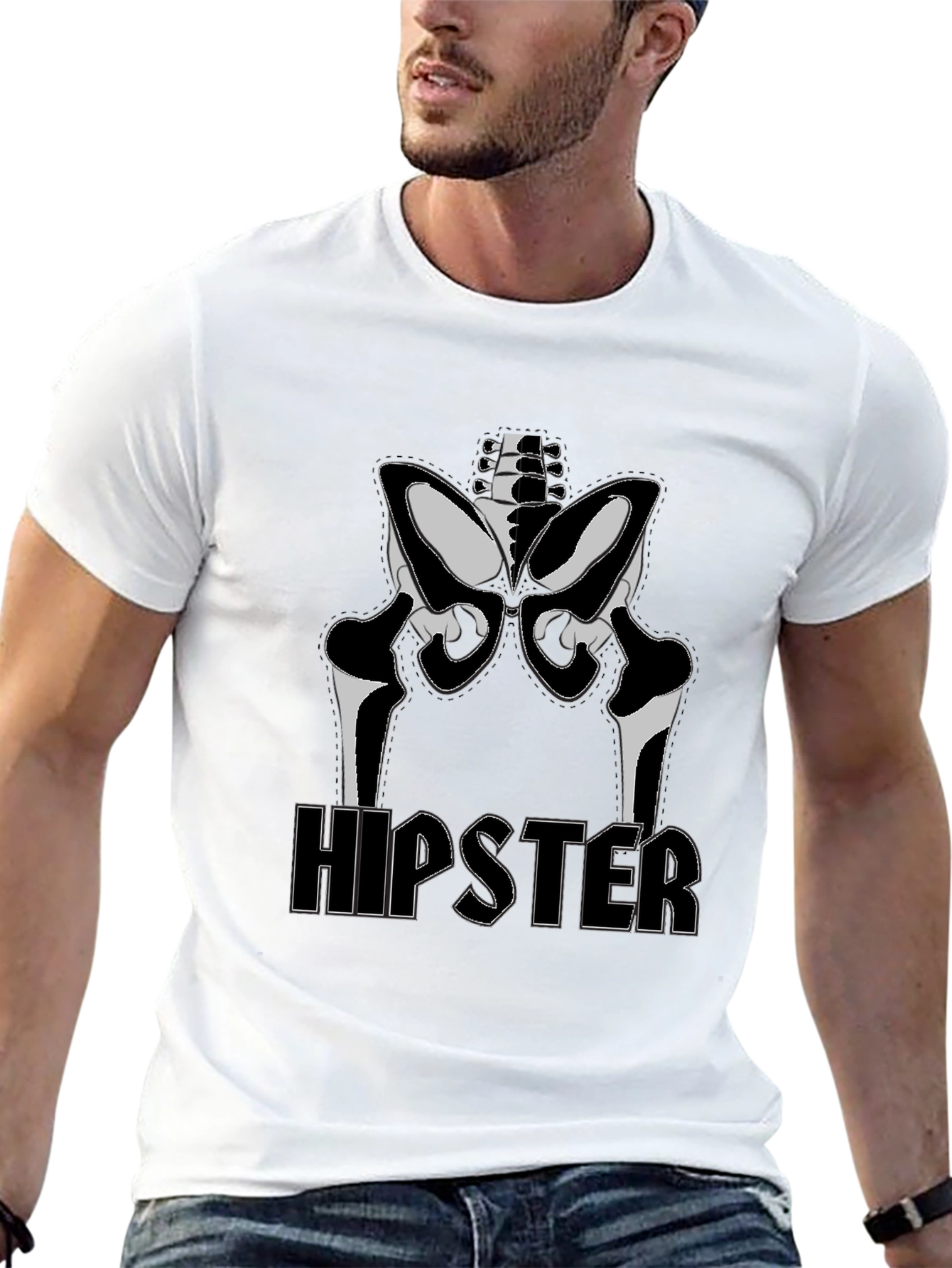Hipster Skeleton Graphic Tee - Black Cotton T-Shirt